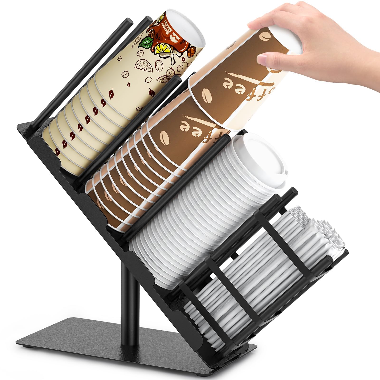 Metal Cup and Lid Dispenser - 4 Compartment Countertop Holder for Coffee Condiment Storage, Bar Accessories, Disposable Paper and Plastic Cups, Lids, Straws - Black