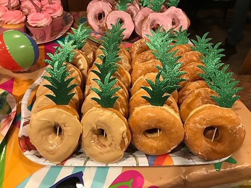 Miniatura 4 de Honbay 48 piezas de decoración para cupcakes con temática tropical y hojas de piña brillantes para donas, cupcakes, pasteles, chocolate