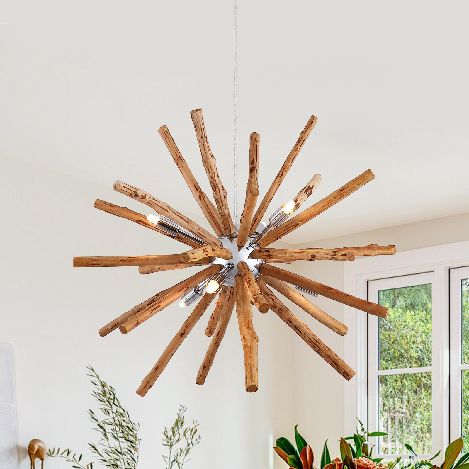 9MMML Wood Sputnik Chandelier 22 Chrome Hanging Light Fixture Farmhouse 6-Light Pendant Lighting with Adjustable Height Cord Dining