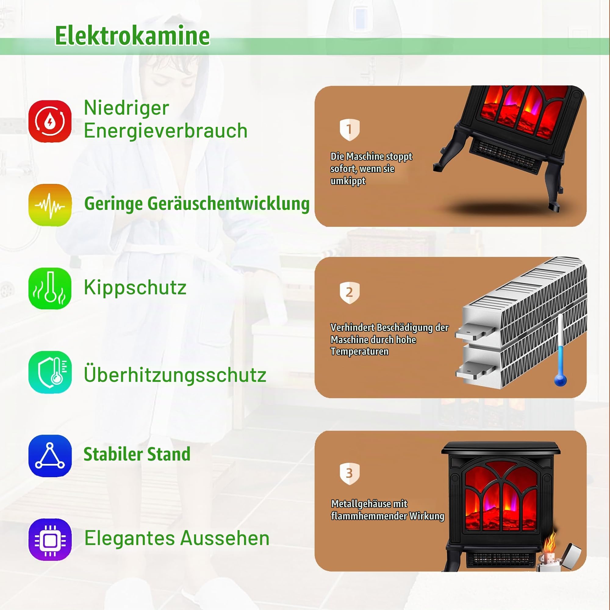 Elektrokamin mit LED Flammeneffekt Kaminfeuer Freistehend Elektrische Kamine 2 Heizstufen Einstellbare Kaminofen 750W/1500W Elektro Heizungen Geräuscharm Dekokamin für Wohnzimmer & Innenräume
