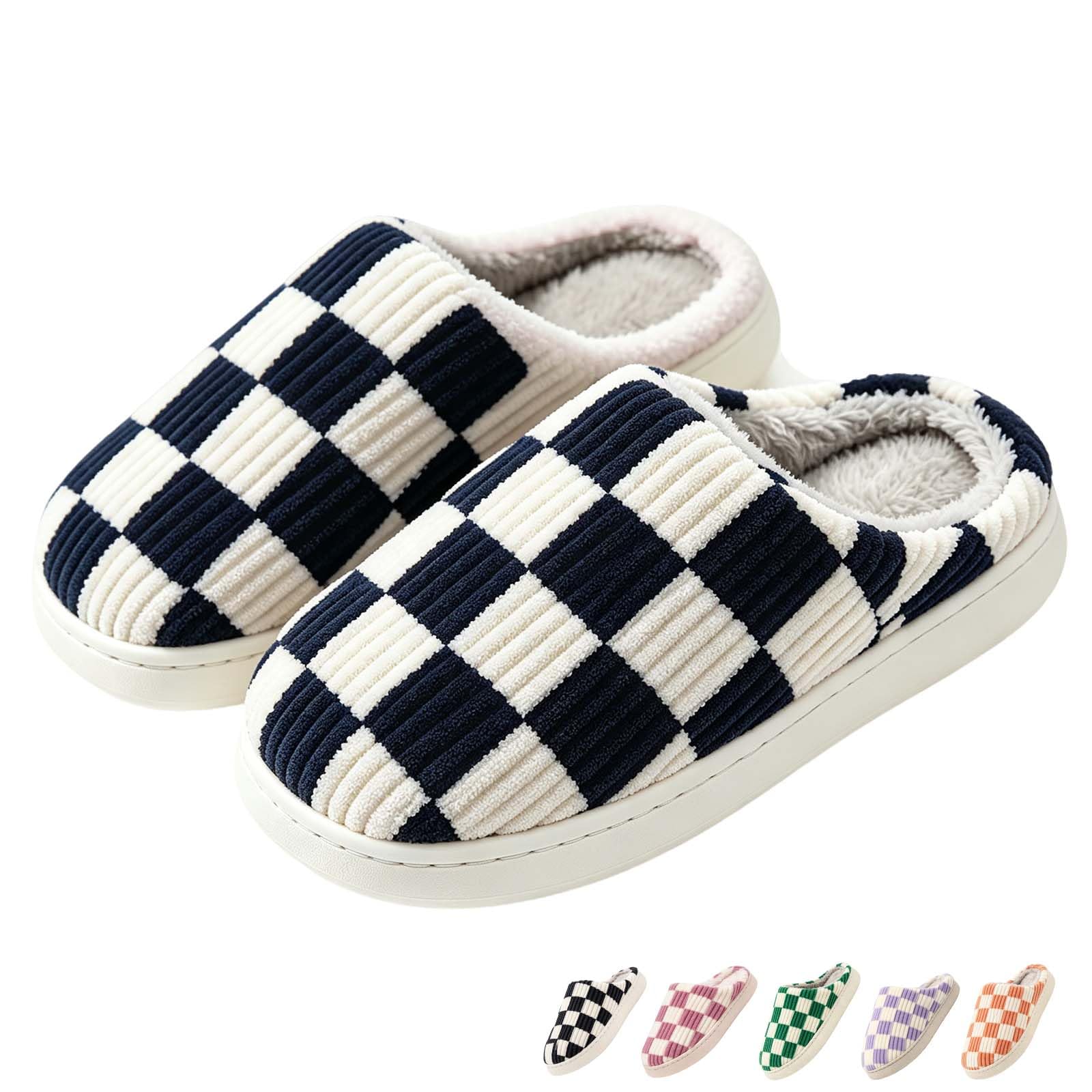 Checkered Slippers for Women and Men - Fuzzy House Slippers with Memory Foam, Comfy Plush Fluffy Indoor House Shoes, Cozy Warm Slip on Bedroom Slippers with Non-Slip Sole