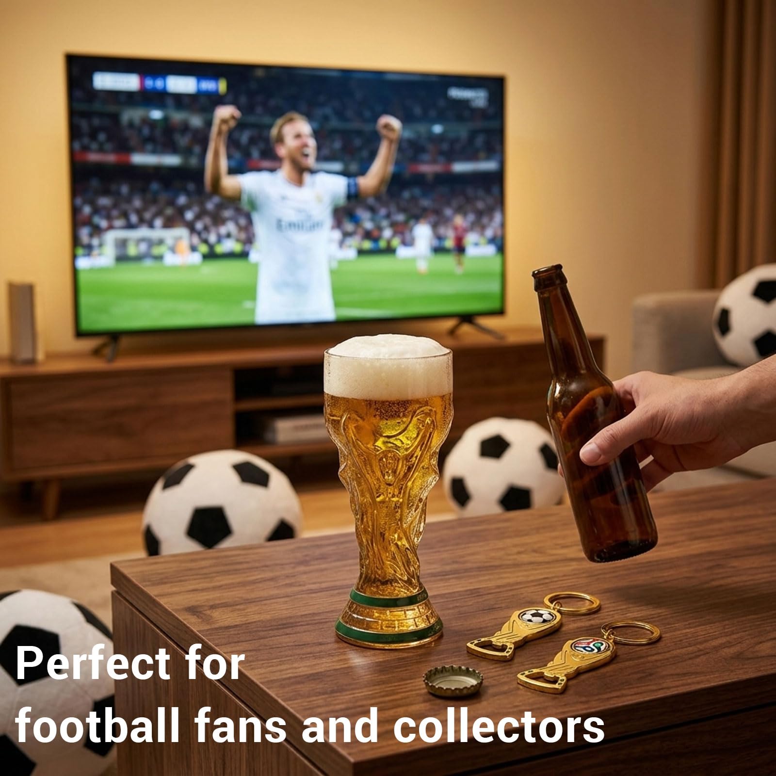 Chope à bière de football 500 ml avec 2 décapsuleurs porte-clés – Verre à bière design coupe à bière aspect métal avec poignée – Article de fan pour les fêtes publiques – Cadeau pour les fans de