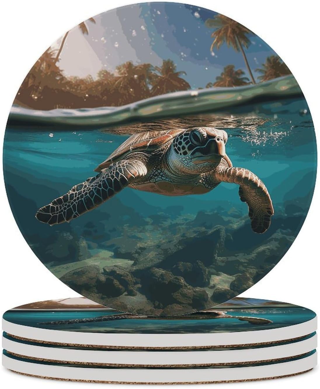 Palm Trees And Sea Turtles Diving Underwater Coasters Round Coasters Set Ceramic Stone Coaster with Cork Base Coffee Cup Beverage Cup Mat Cute Funny Table Drinks Coaster for Mugs And Cups Office Kitch