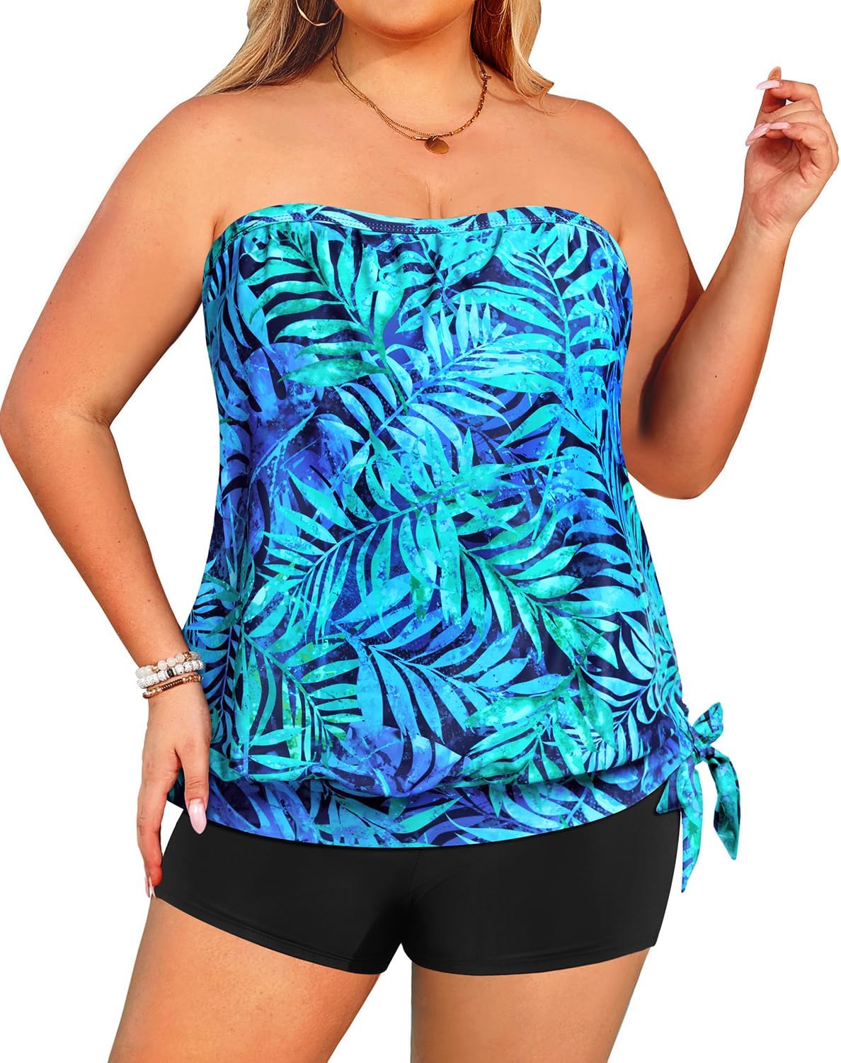 Tempt Me Plus Size Tankini Swimsuits for Women Bandeau Two Piece Bathing Suit Top with Shorts Blouson Swimwear
