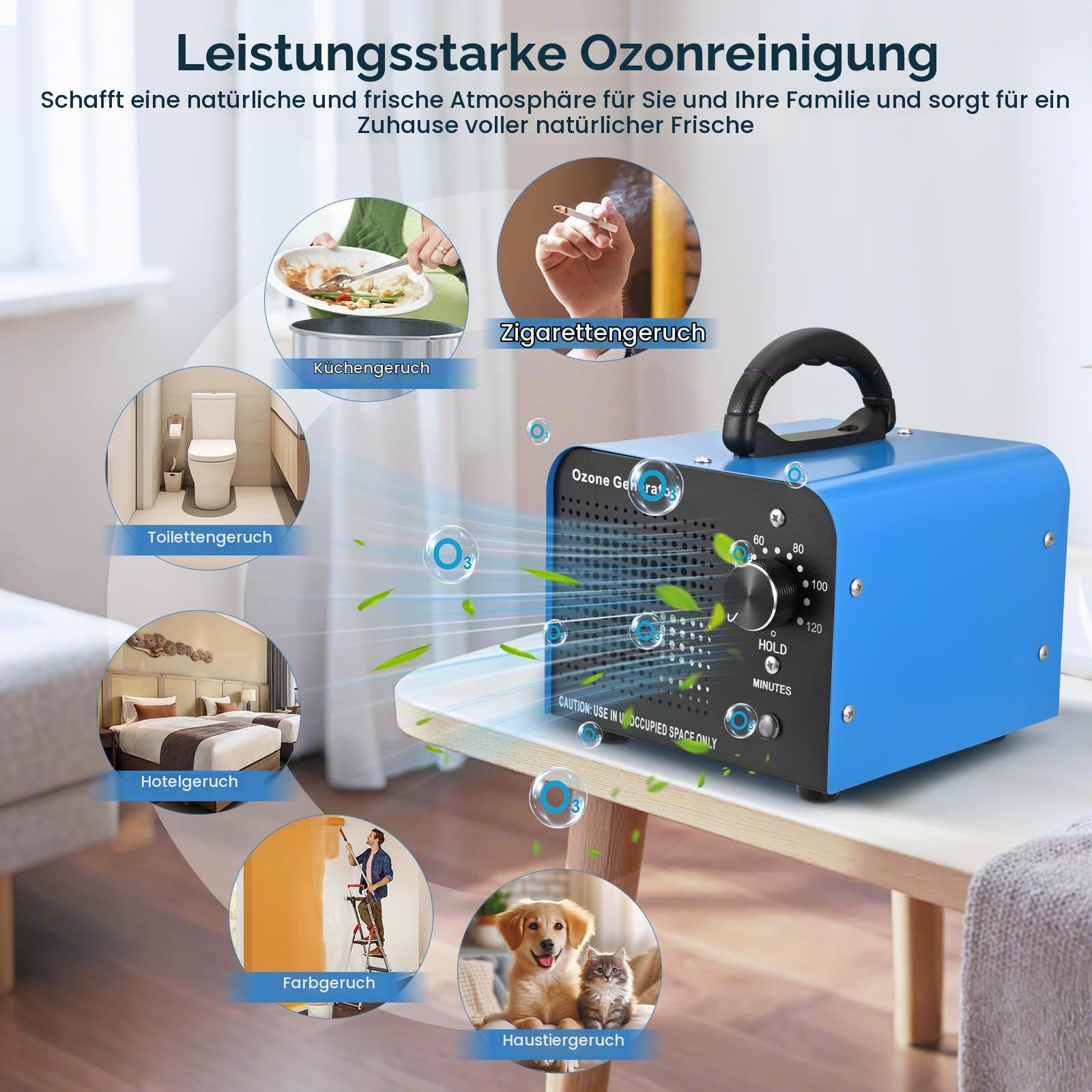 Ozongenerator 60000mg/h, Ozon Luftreiniger mit 5 Timer für 300㎡ Geruchskiller, Ozonisator Industrieller Tragbarer O3 Ozon Luftreiniger für Auto, Garage, Wohnung, Hotel, Küche und Haustiere (Blau)
