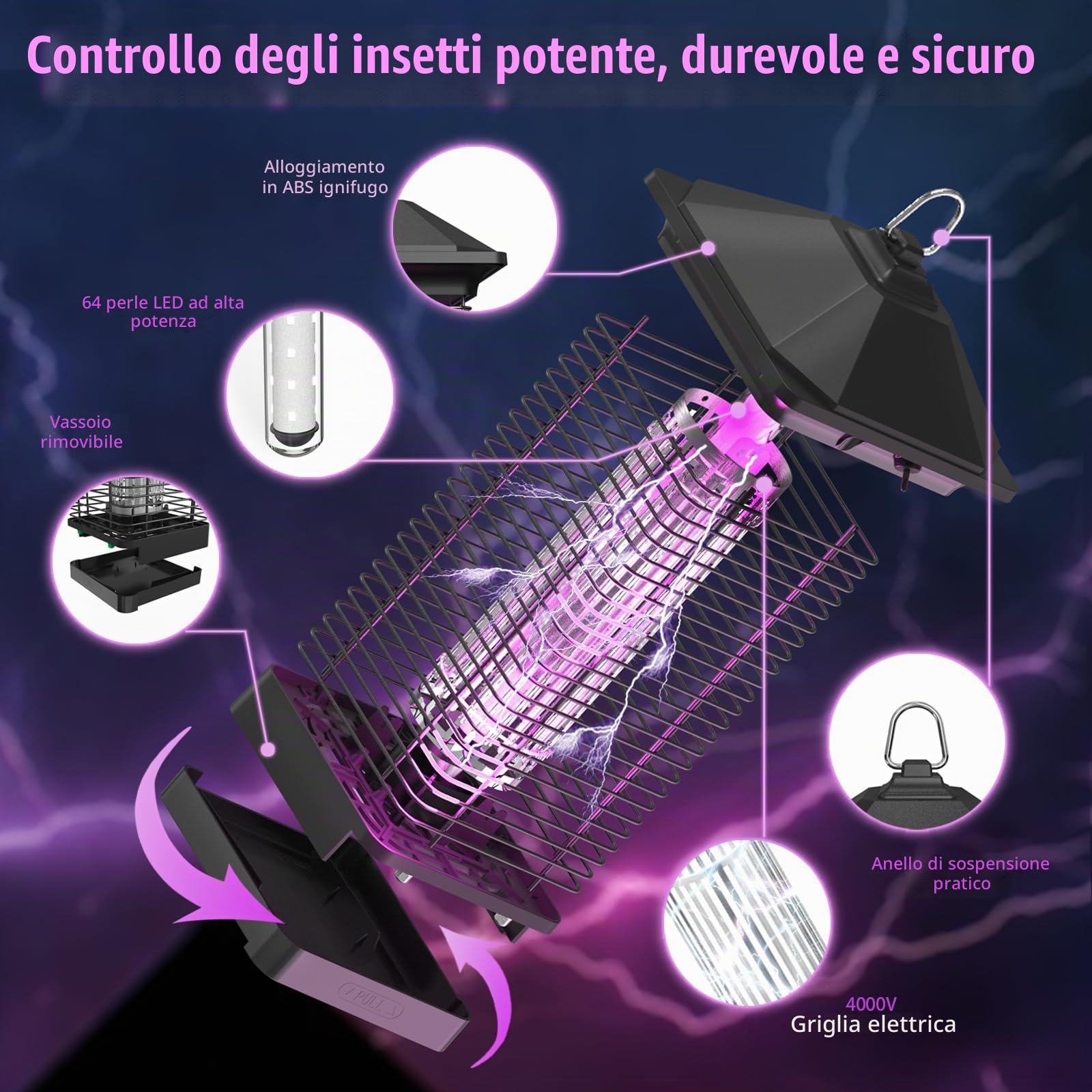 Zappa a LED Bug Zpper, durevole Electric Fly Killer, 4000 V, lampada per zanzare con doppia luce UV 365 nm/395 nm, trappola per mosche per interni ed esterni, portata 150 ㎡
