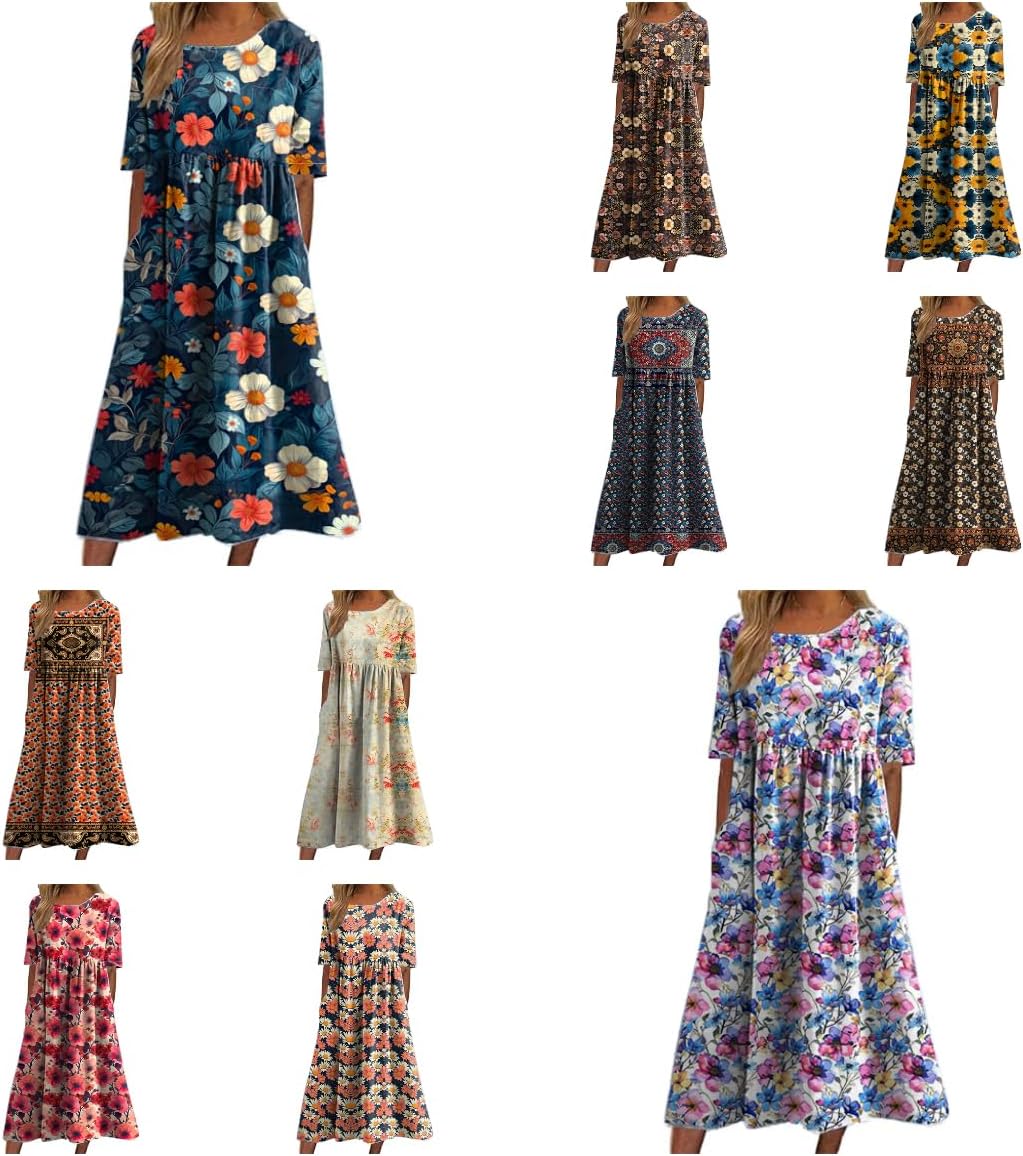 Women's Summer Dresses Bohemian Floral Dress Casual Short Sleeve Loose Fit Long Dresses - Image 3