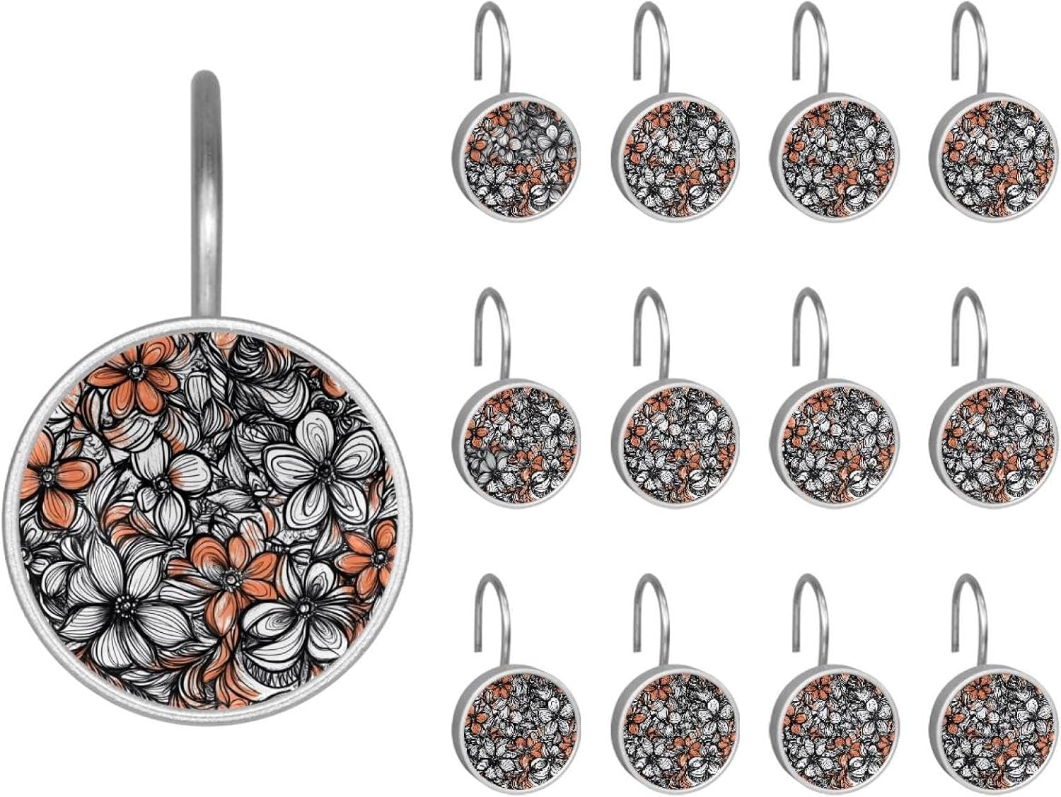 12PCS Floral (3) Shower Curtain Hooks Rings for Bathroom, Decorative Shower Curtain Hooks Rods Curtains and Liner