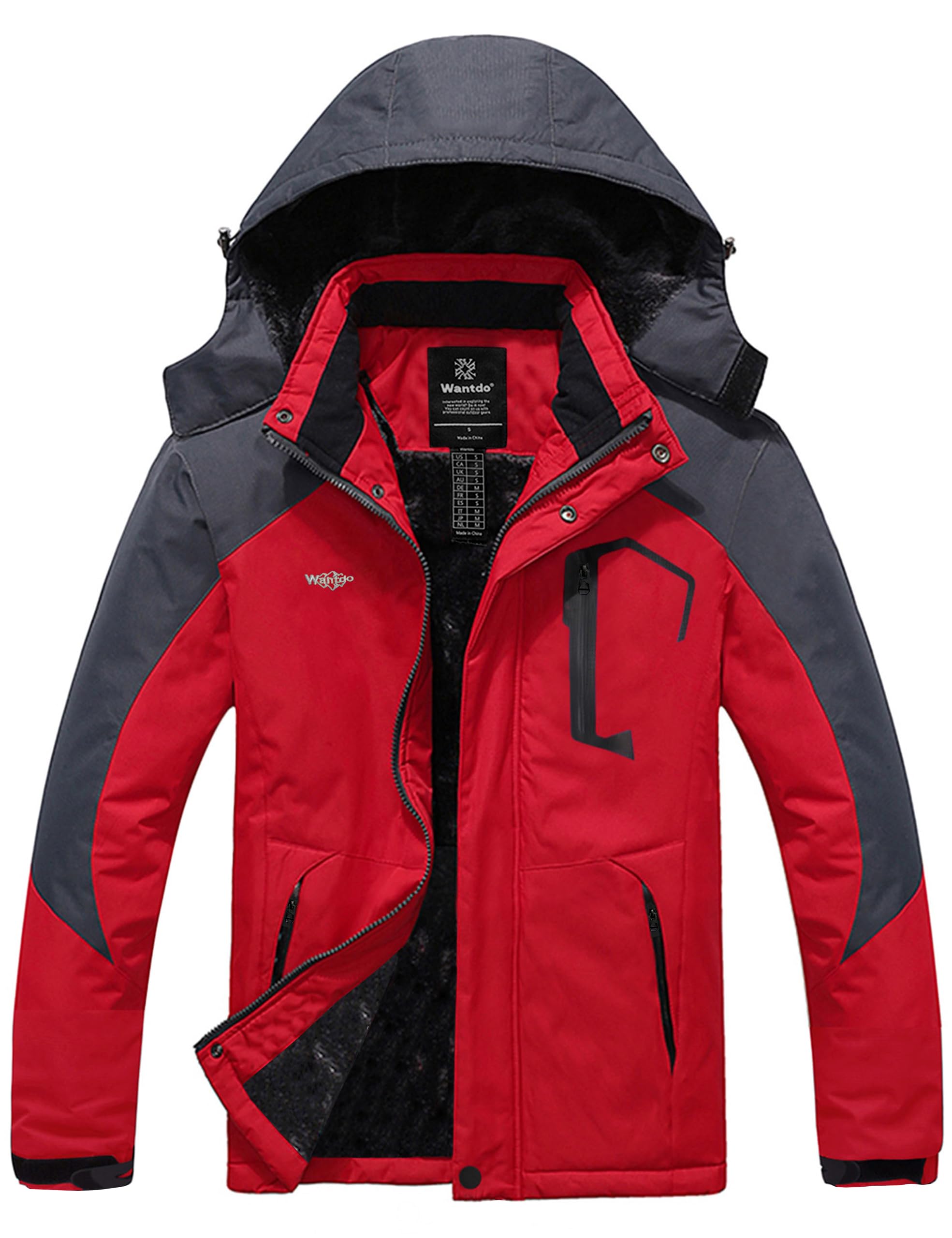 Wantdo Men's Waterproof Mountain Jacket Fleece Windproof Ski Jacket US S Red S