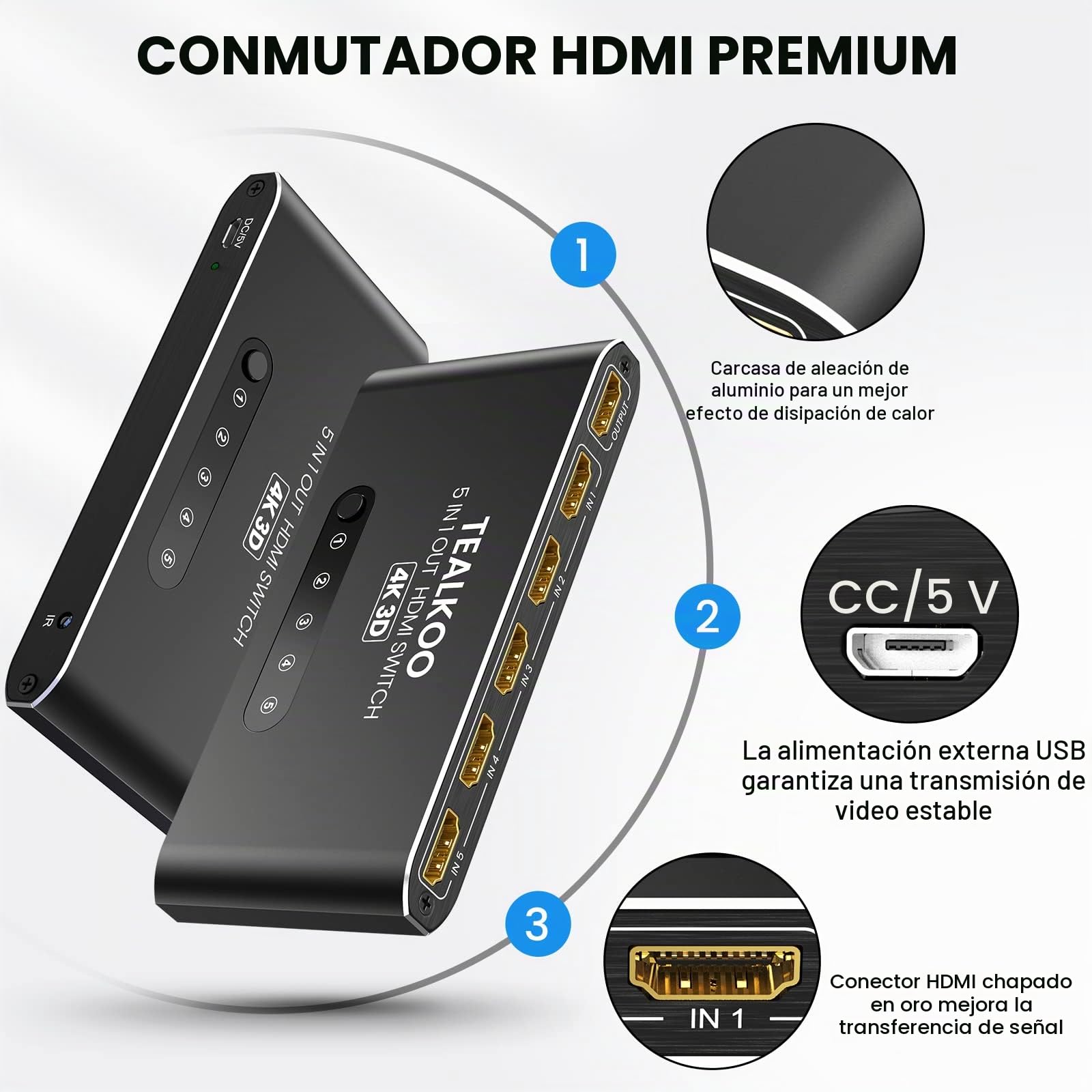 Divisor HDMI 5 en 1 Aluminio Switch Automático con Mando a Distancia - Conmutador 4K 3D HDR Compatible con PS4, Xbox, TV Stick, TV Blu-Ray Player