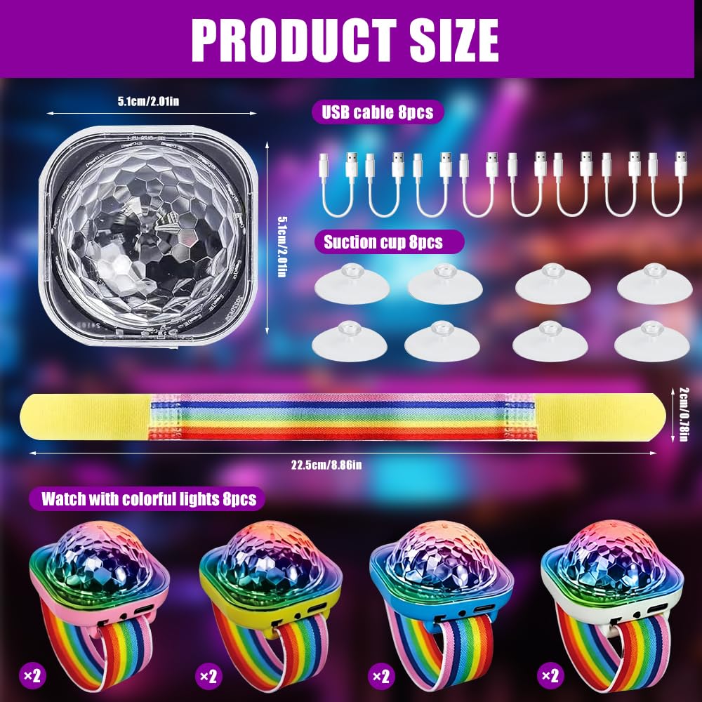 8 Stück Disco Ball Licht, USB Aufladen Discokugel Armband, Tragbare Discokugel Armband Partylicht mit Saugnapf, 5 Dynamische, Sprachgesteuert, für Party Auto Tanzen DJ Club, Weiß Rosa Gelb Blau