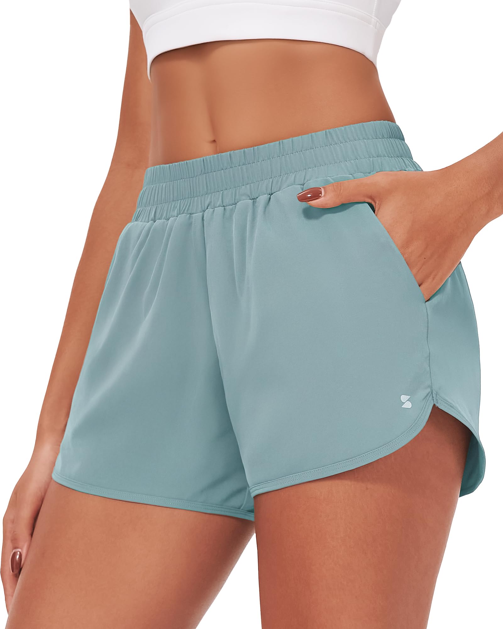 Stelle Pantalones cortos de correr para mujer, de 7,6 cm, con forro de malla, cintura alta, pantalones cortos de entrenamiento de secado rápido, con bolsillos