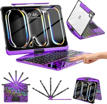 TSQQST Clear Wireless Keyboard Case for iPad Pro 11 Inch M5/M4 2025/2024 | with Pencil Holder, Multi-Touch Trackpad, Visible PCB, 3-Brightness, 7-Color Backlight, 360 Rotating Stand, Purple