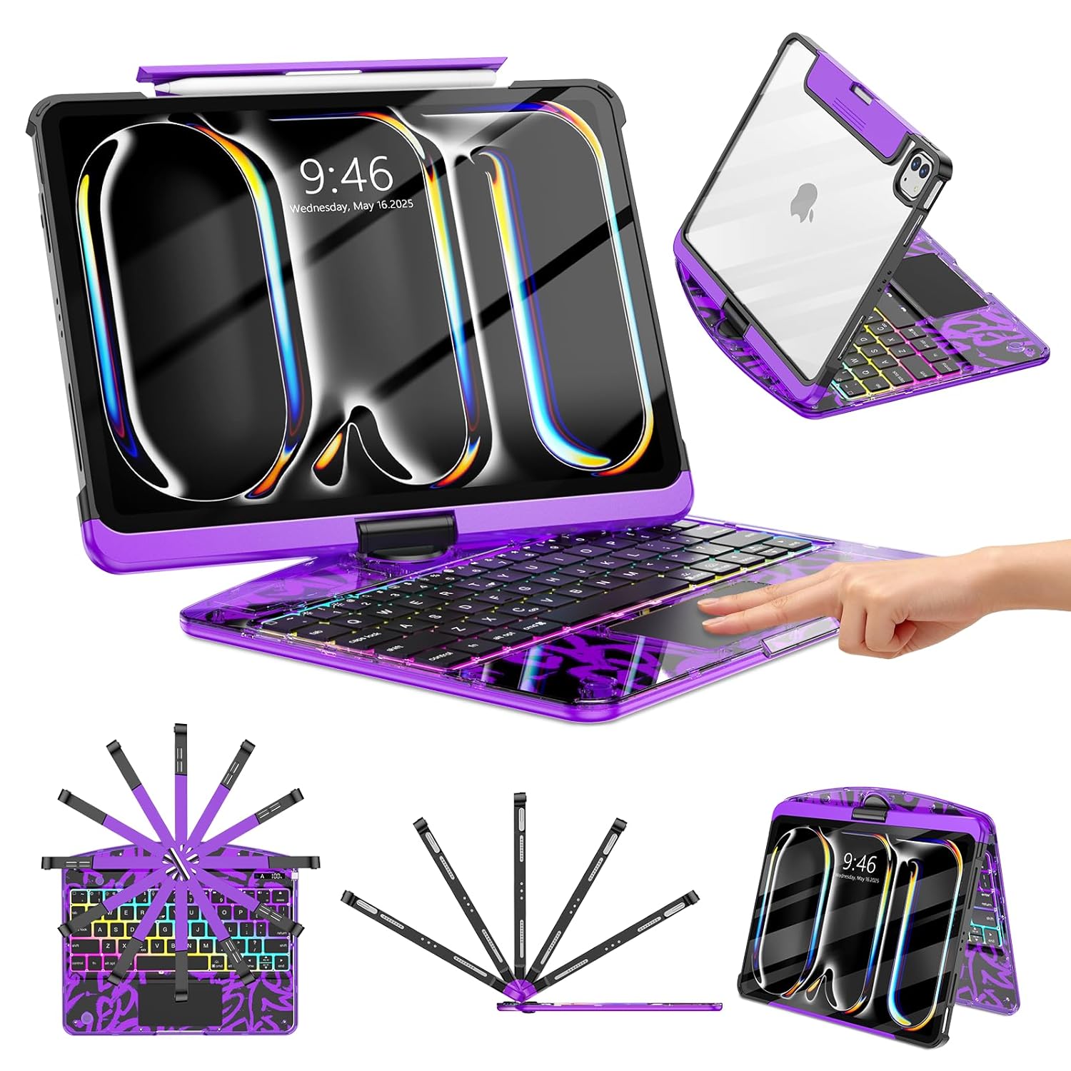 TSQQST Clear Wireless Keyboard Case for iPad Pro 11 Inch (M5/M4) 2025/2024 with Pencil Holder & Multi-Touch Trackpad, Visible PCB, 3-Brightness & 7-Color Backlight, 360° Rotating Stand, Purple TSQQST Clear Wireless Keyboard Case for iPad Pro 11 Inch (M5/M4) 2025/2024 with Pencil Holder & Multi-Touch Trackpad, Visible PCB, 3-Brightness & 7-Color Backlight, 360° Rotating Stand, Purple