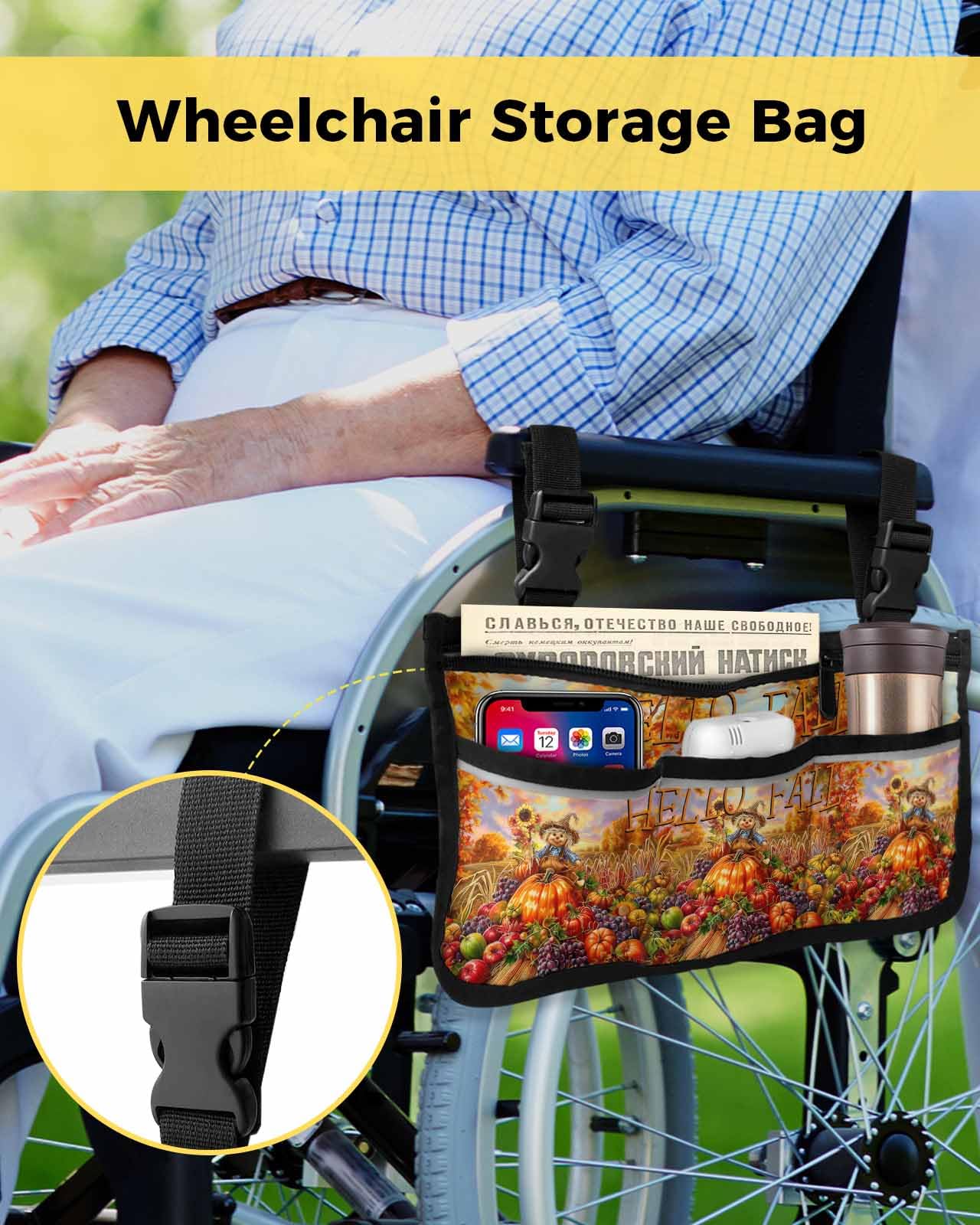 Anzona Hello Fall Wheelchair Side Bag Walker Bag, Farmhouse Farm Harvest Fruit Scarecrow Wheelchair Accessories Armrest Pouch, Organizer Storage Bag for Walkers, Rollators, Scooters, 7.3''x13''