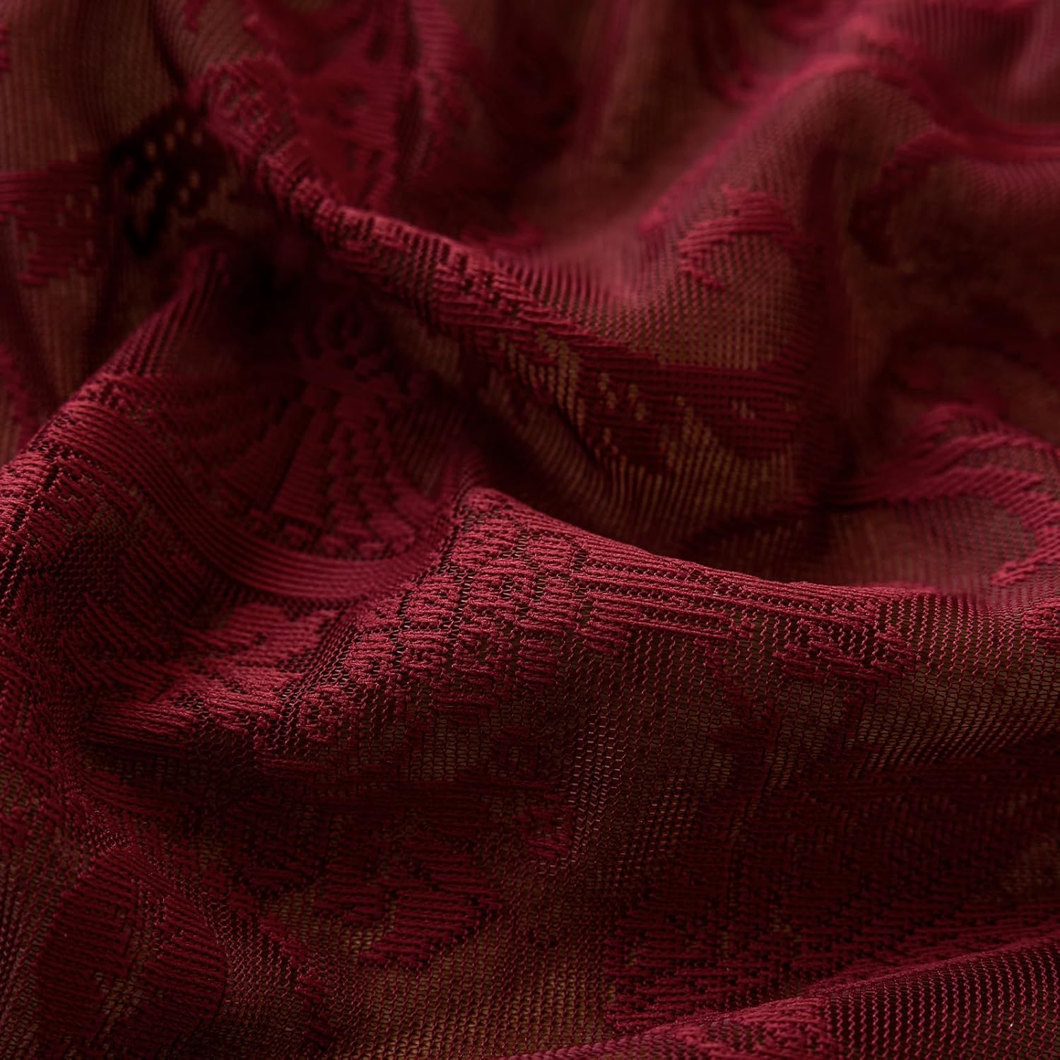TUDECO Wine Red Kitchen Curtains 54 Inch Length - Pretty Sheer Flower Lace Short Curtains for Bathroom Garage, Ruffled Light Filtering Rod Pocket Burgundy Drapes for Small Window, 59 x 54 Inch