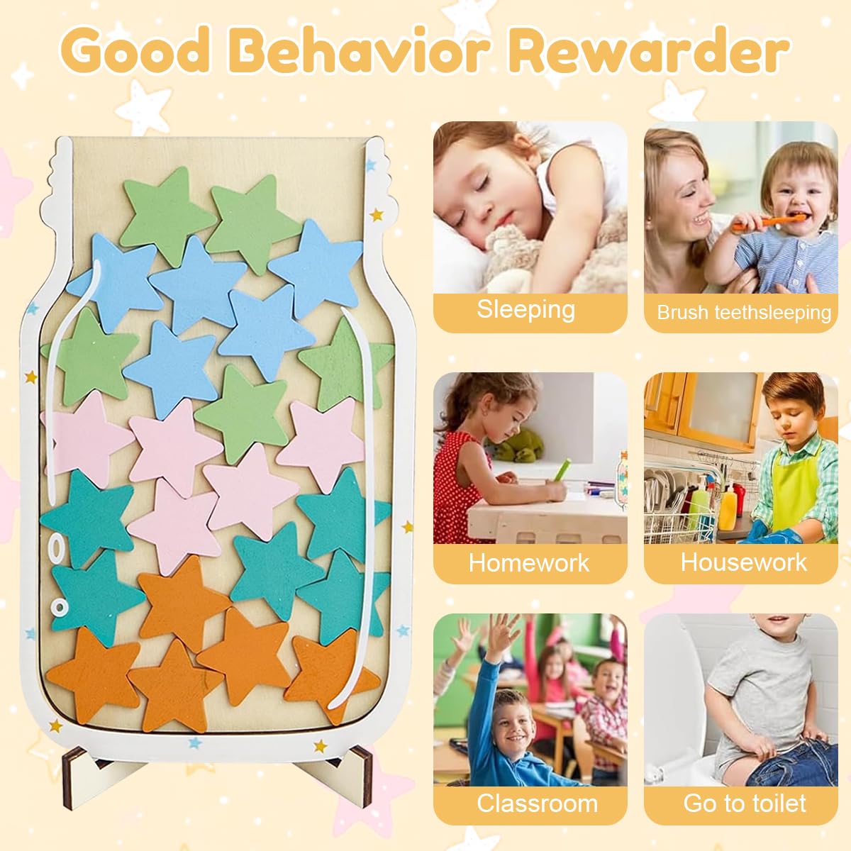 PATPAT® Star Reward Jar for Kids Wooden Reward Jar with 25Pcs Colored Reward Star-Shaped Tokens & Stand Color Star Reward Jar for Kids Reward Token Kit for Kindergarten, Home Education - Image 4 thumbnail