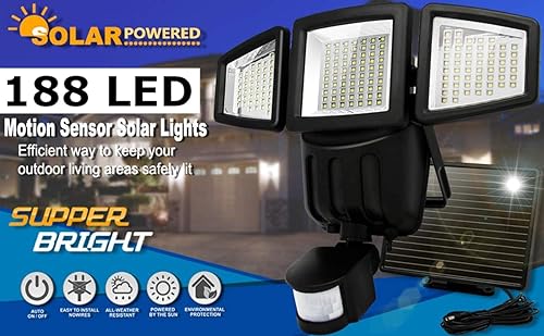 Miniatura 4 de UMR Luz de inundación solar de seguridad de garaje de 3 cabezales súper brillante de 188 LED con sensor PIR, área de iluminación amplia, cabezal