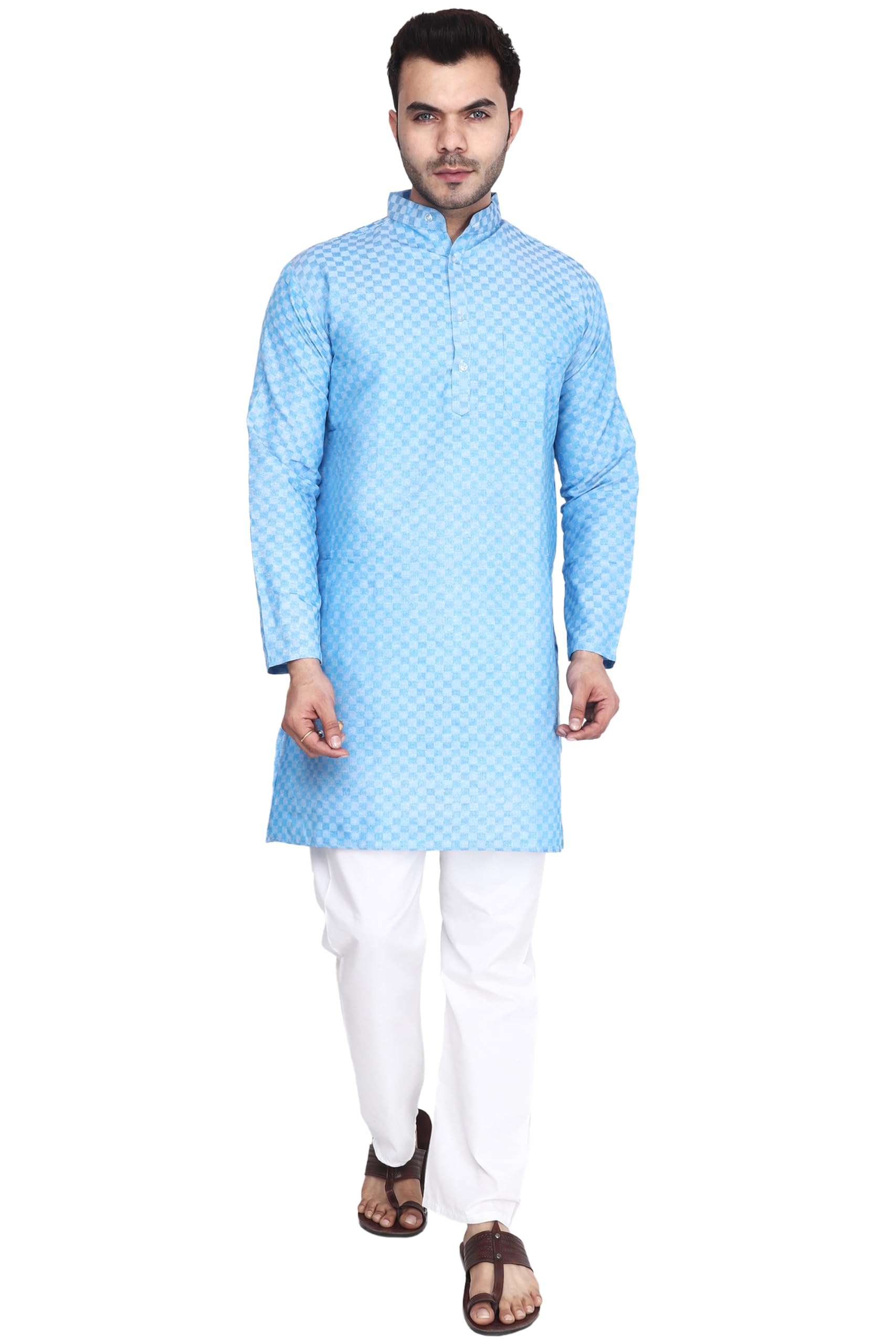 aaryavar Men's Khadie Cotton - Chequered Sky Blue - Kurta Pyjama Set-picture-31