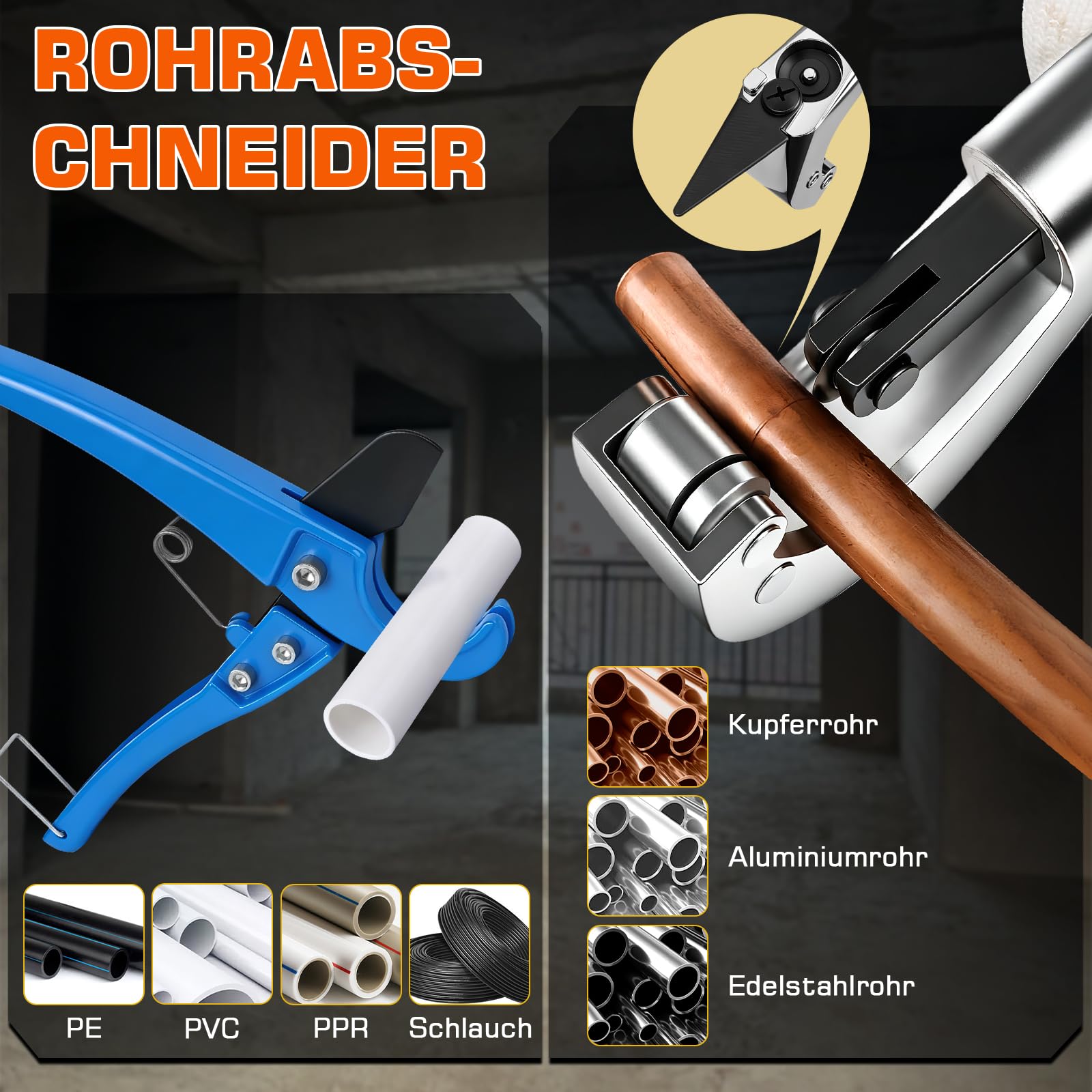 Hydraulisch Presszange Kupferrohr Set mit CR V-Kontur und TH-Kontur | Rohrpresszange inkl. Rohrschneider, Entgrater & Rohrschere für Kupferrohre, Alu-Verbundrohr & Edelstahlrohr