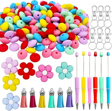 Silicone Beads, 205pcs Flower Silicone Beads Kit, Silicon Bead Bulk Rubber Bead with Lanyard & Key Chain Ring for Keychain Making