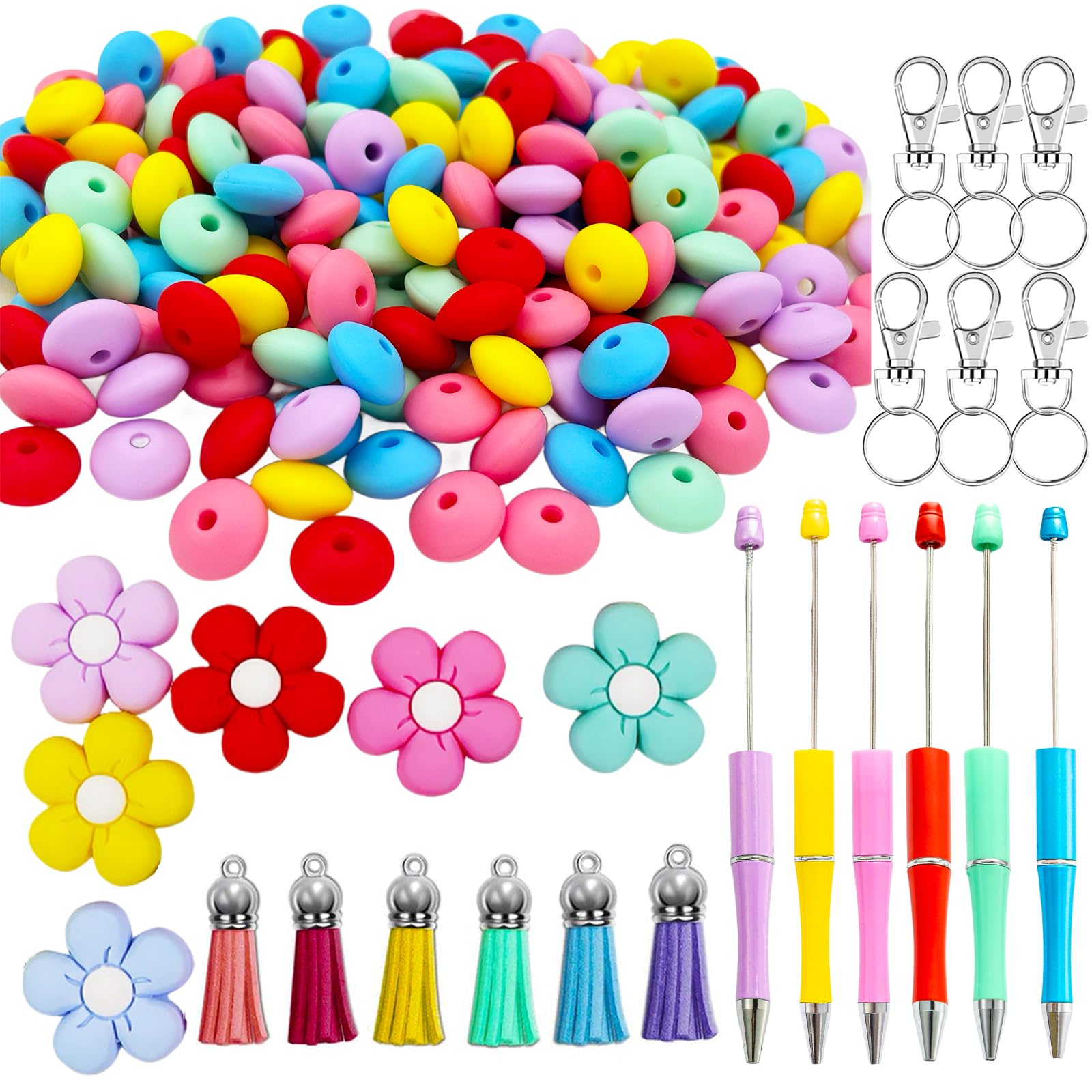 Silicone Beads, 205pcs Flower Silicone Beads Kit, Silicon Bead Bulk Rubber Bead with Lanyard & Key Chain Ring for Keychain Making