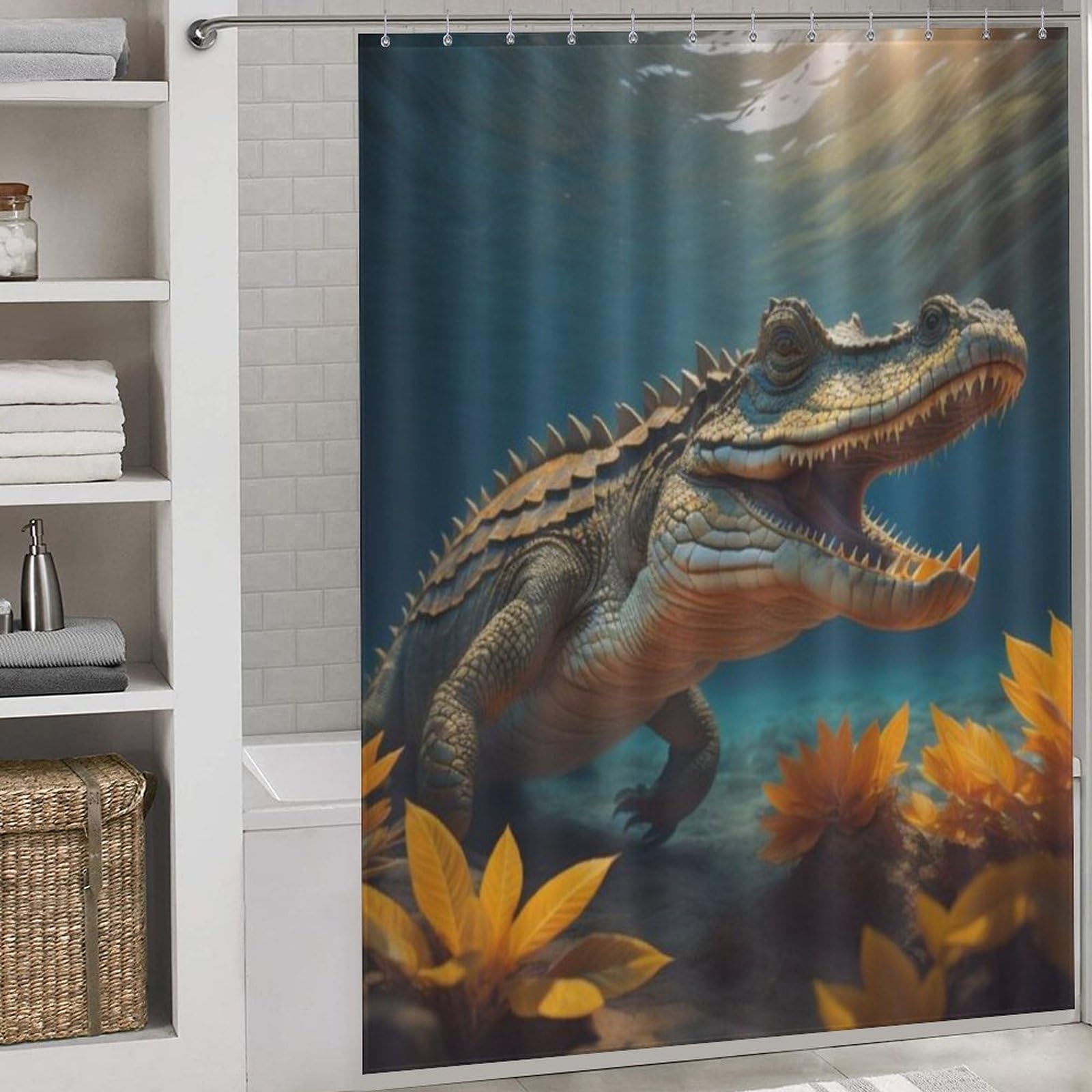 Rideau de douche crocodile en tissu polyester lavable pour baignoire d'angle 168x183cm
