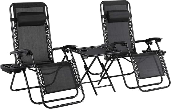 Zero Gravity Chair Set of 2 with Side Table, Adjustable Foldable Patio Lounge Recliner w/Pillow&Cup Holder, for in/Outdoor, Poolside, Garden, Camping, Lawn, Yard, Beach, 310LBS Capacity