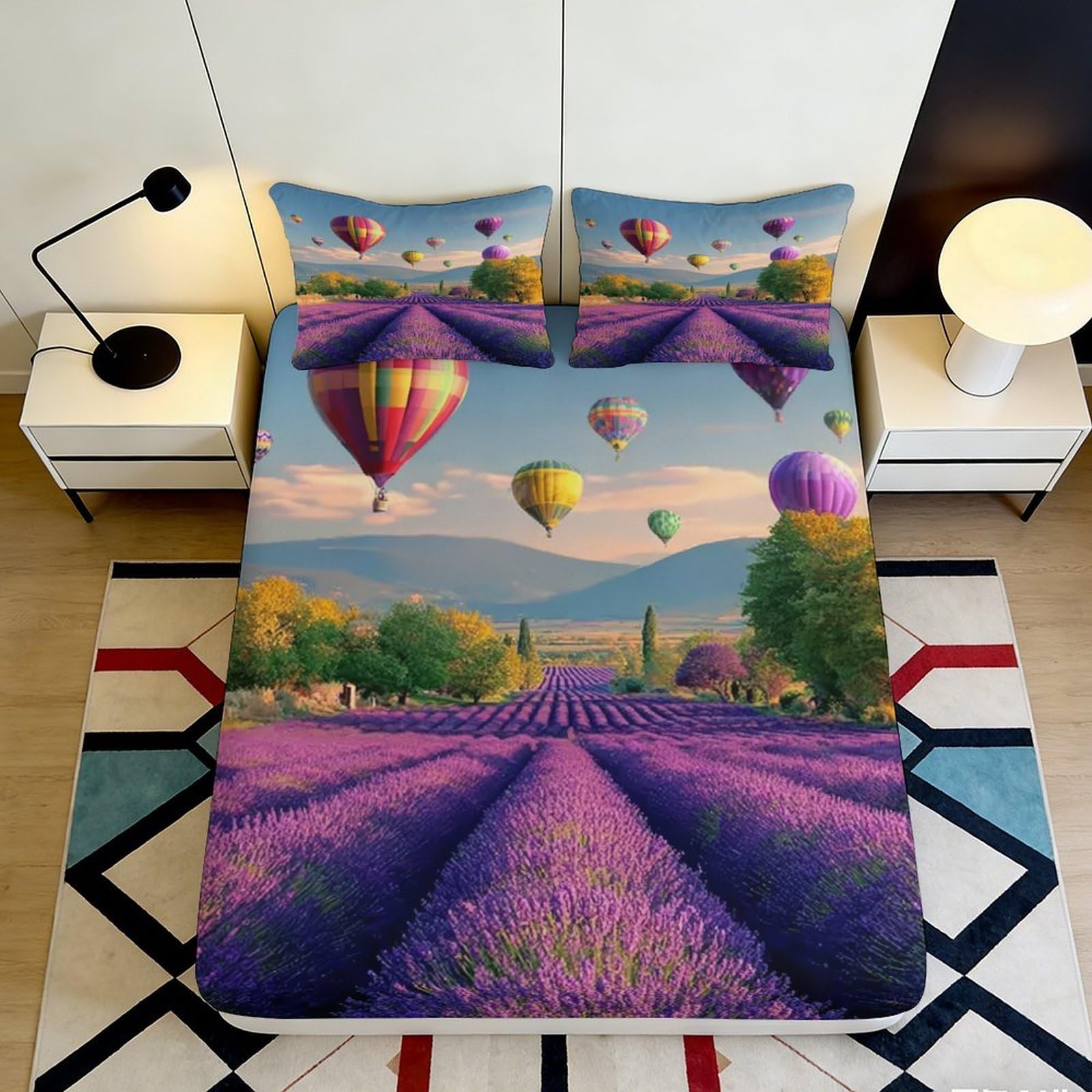 3D Printed Lavender Field Fitted Sheet Microfiber Hot Air Balloon Bed Cover for Bedroom Guest Room Dustproof Washable Decor 90x200x25cm