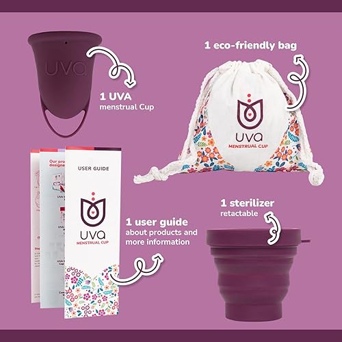 Miniatura 4 de UVA Kit de copa menstrual tamaño B  Juego de tazas de periodo reutilizable de flujo pesado  Copa de silicona suave a prueba de fugas, esterilizador