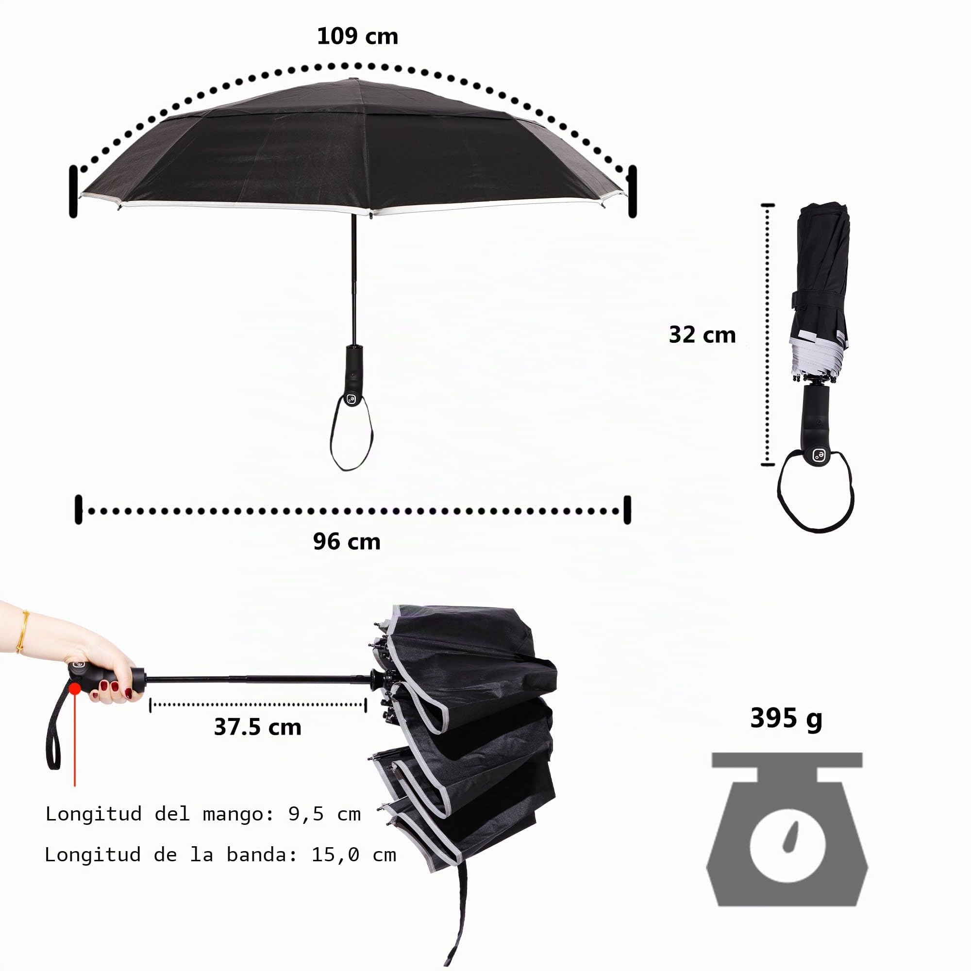 Paraguas de Viaje de Doble Cubierta a Prueba de Viento - Recubrimiento de Tefón, Manija Ergonómica y Manga Protectora - Diseño portátil Compacto y Plegable de Peso Ligero