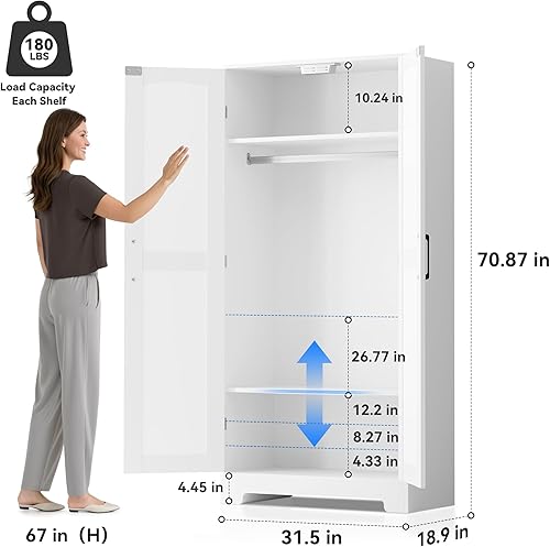Miniatura 2 de Armario Ropero de Madera, Gabinete Armario con Puerta y Estantes, Armarios de Dormitorio Independientes Gabinete de Almacenamiento de Ropa con Barra