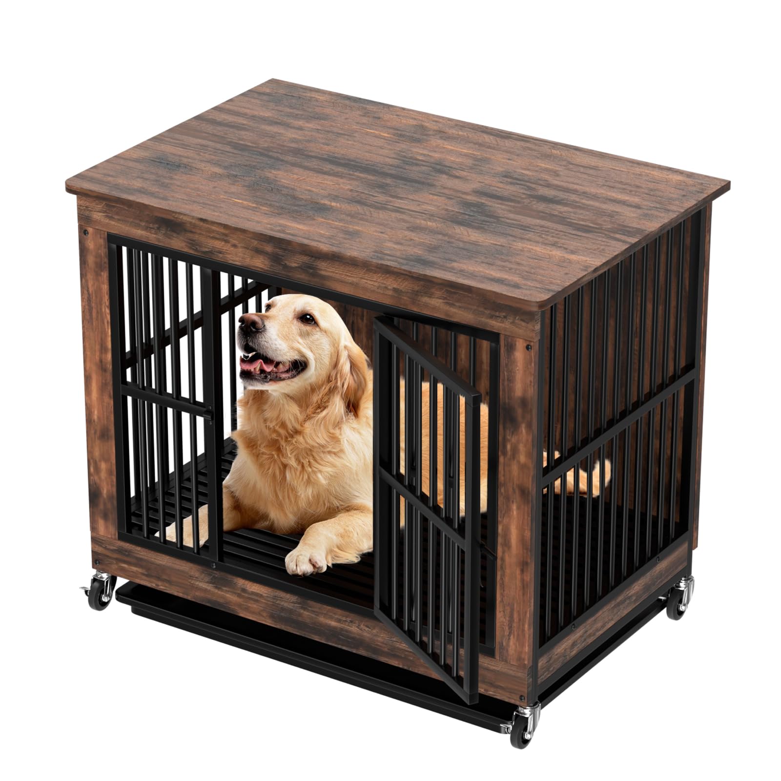 Hidden Dog Crate Furniture for Living Room, Rustic Brown End Table with Removable Top & Pull-Out Tray, Chew Proof Wooden Indoor Kennel for Large Dogs (39" L×26.5" W×35" H) 39"L×26.5"W×35"H
