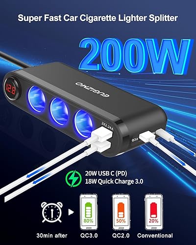 Miniatura 2 de Adaptador USB para encendedor de cigarrillos, 200 W, adaptador divisor de enchufe USB cargador cable de extensión de 3 tomas de corriente 12 V24 V