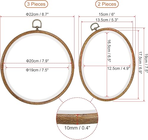 Miniatura 2 de PATIKIL Juego de 5 aros de bordado, 7 pulgadas y 8 pulgadas, ovalados, redondos, de madera imitada, círculo de punto de cruz, anillo de aro para