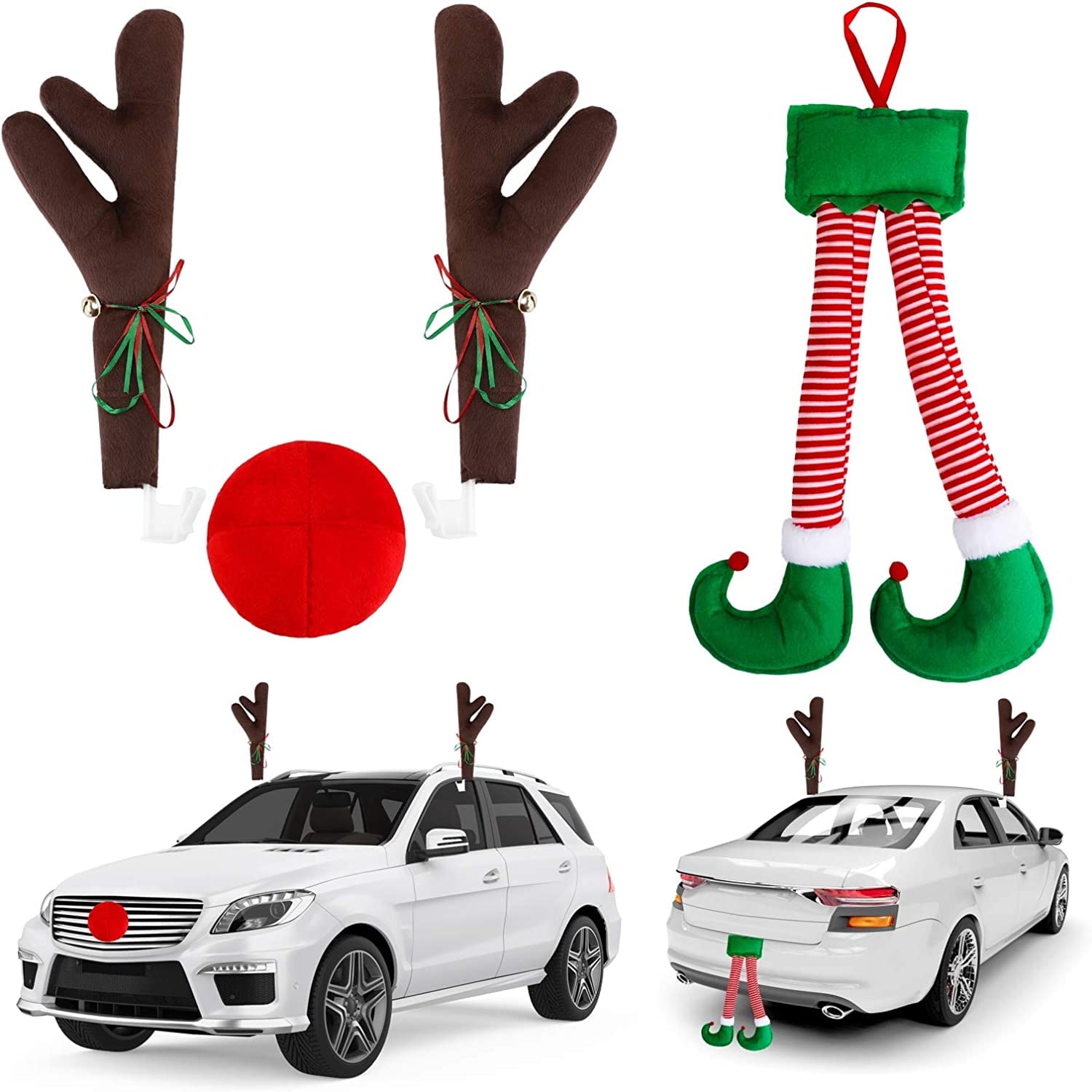 Christmas Car Reindeer Antlers & Nose & Santa Elf Hanging Legs Decorations Set,Vivid Window Roof-Top & Front Grille Rudolf Reindeer Set for Christmas Winter Holiday Decorations
