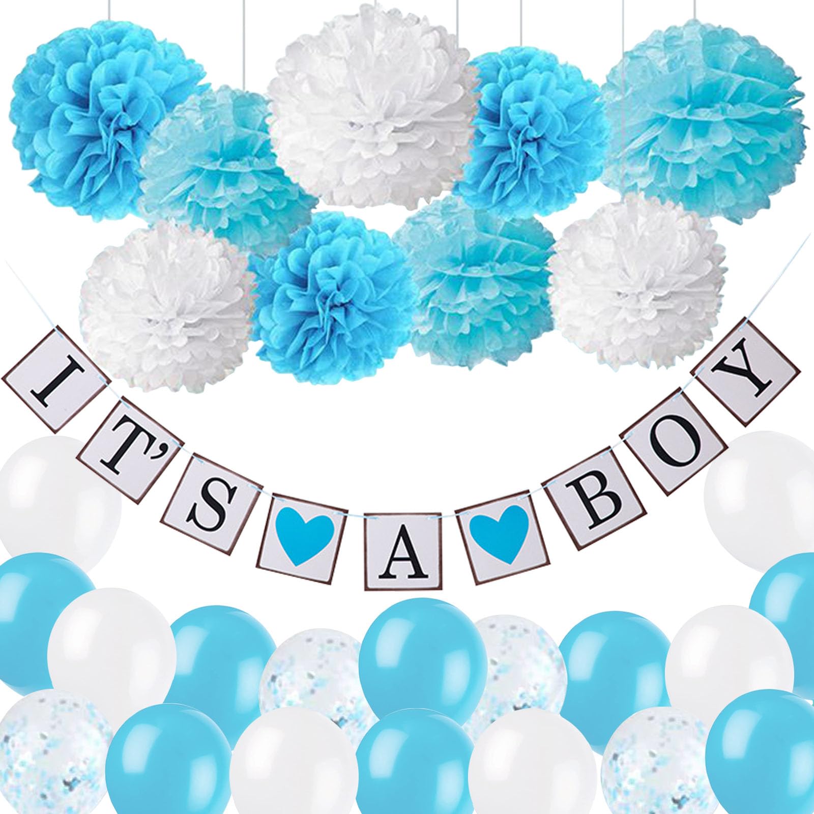 Baby Boy Shower Decorations, Baby Shower Decorations Boy Blue White Baby Boy Shower Decoration with It’s A Boy Banner Latex Balloons and Paper Pom Poms for Baby Boy Shower Decorations