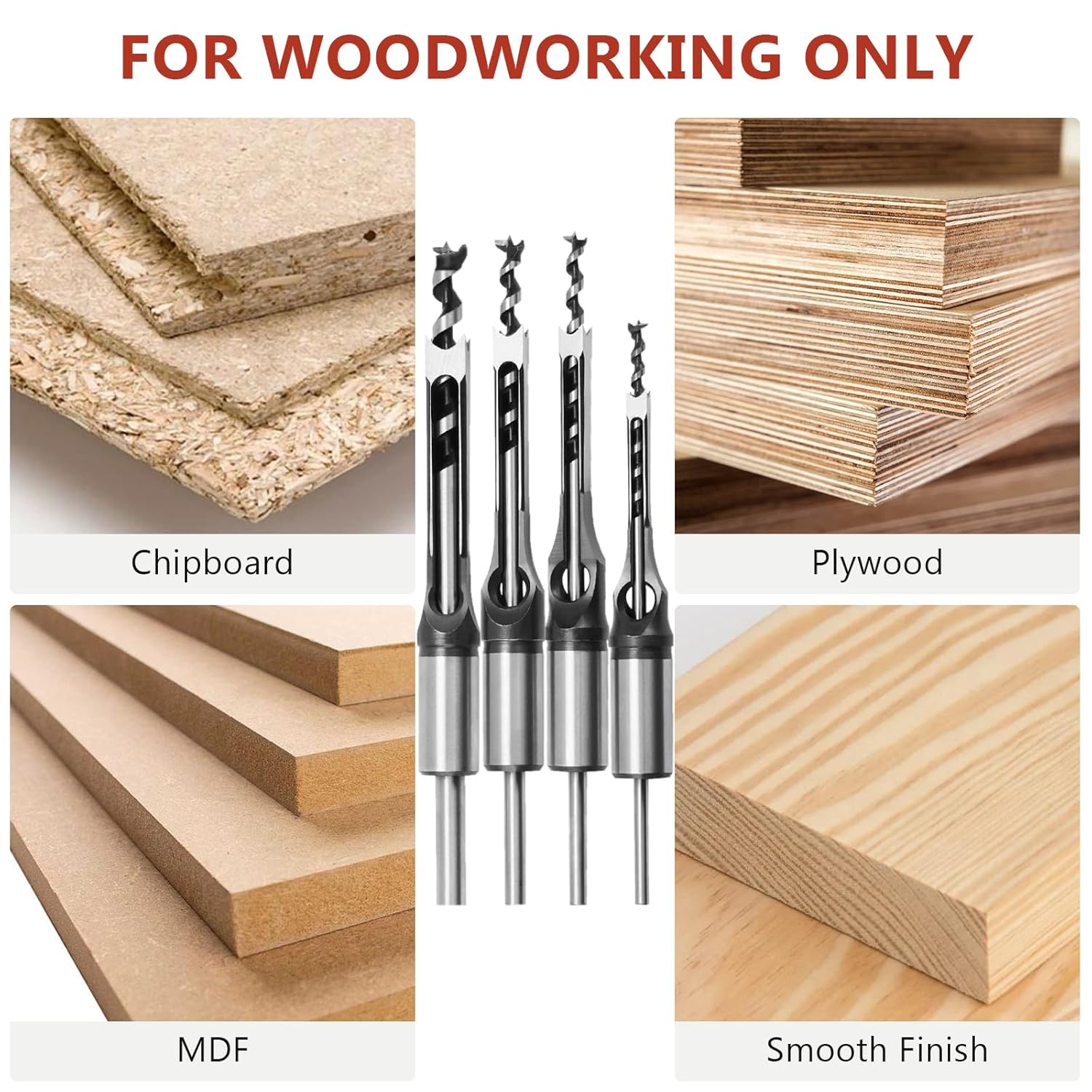 4 Pcs Mortise Chisel Set 1/4 5/16 3/8 1/2 Inch Square Hole Drill Bits for Mortiser Wood Mortising Chisel Drill Bit Hollow Chisel Mortise and Tenon Drill Tools