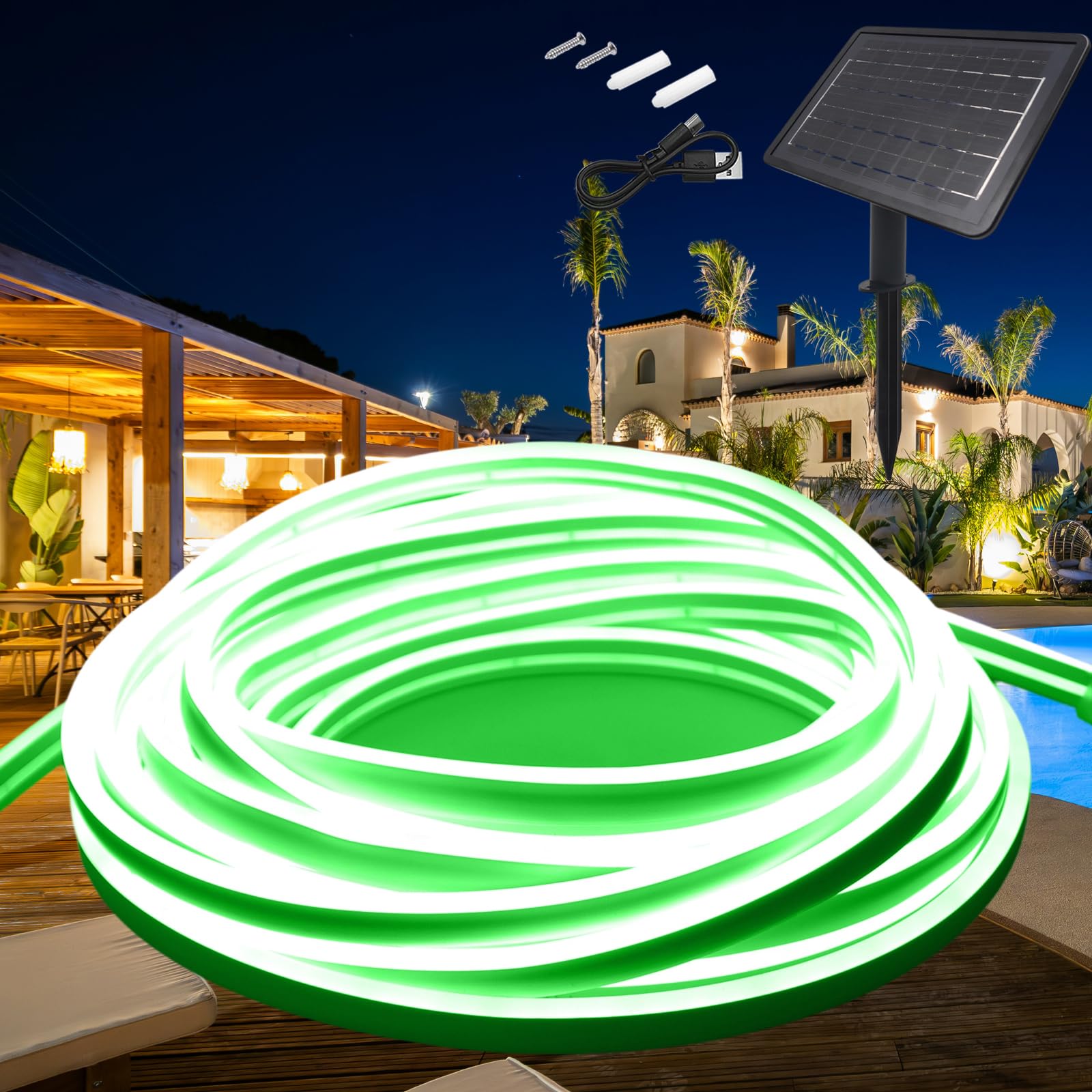 KISUFU 24V Solar Neon Light Strip, 120 LEDs/m IP68 Waterproof Outdoor Garden Solar Powered Fairy Lights with 2400mAh Solar Cell Box Controller for Patio Yard Party.