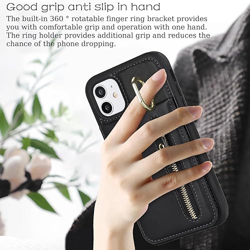 Miniatura 4 de Funda para iPhone 11 con tarjetero para mujer, iPhone 11 con tarjeta de crédito con anillo de soporte, cremallera, a prueba de golpes, delgada, para