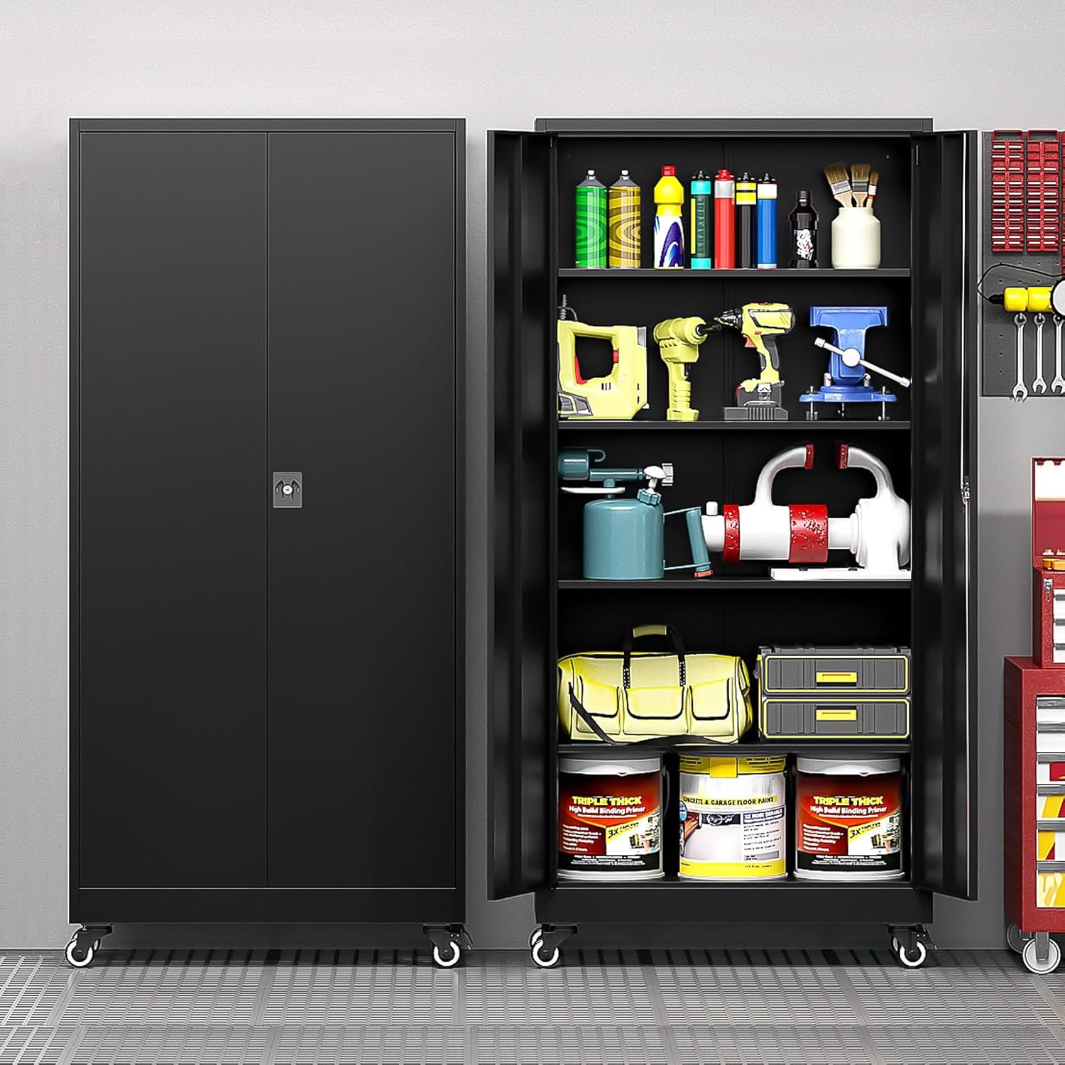 Metal Storage Cabinet with Wheels, Tall Garage Storage Cabinet with 4 Adjustable Shelves and 2 Doors, Lockable Tool Cabinet for Garage Home Office,Gym,School(Black)