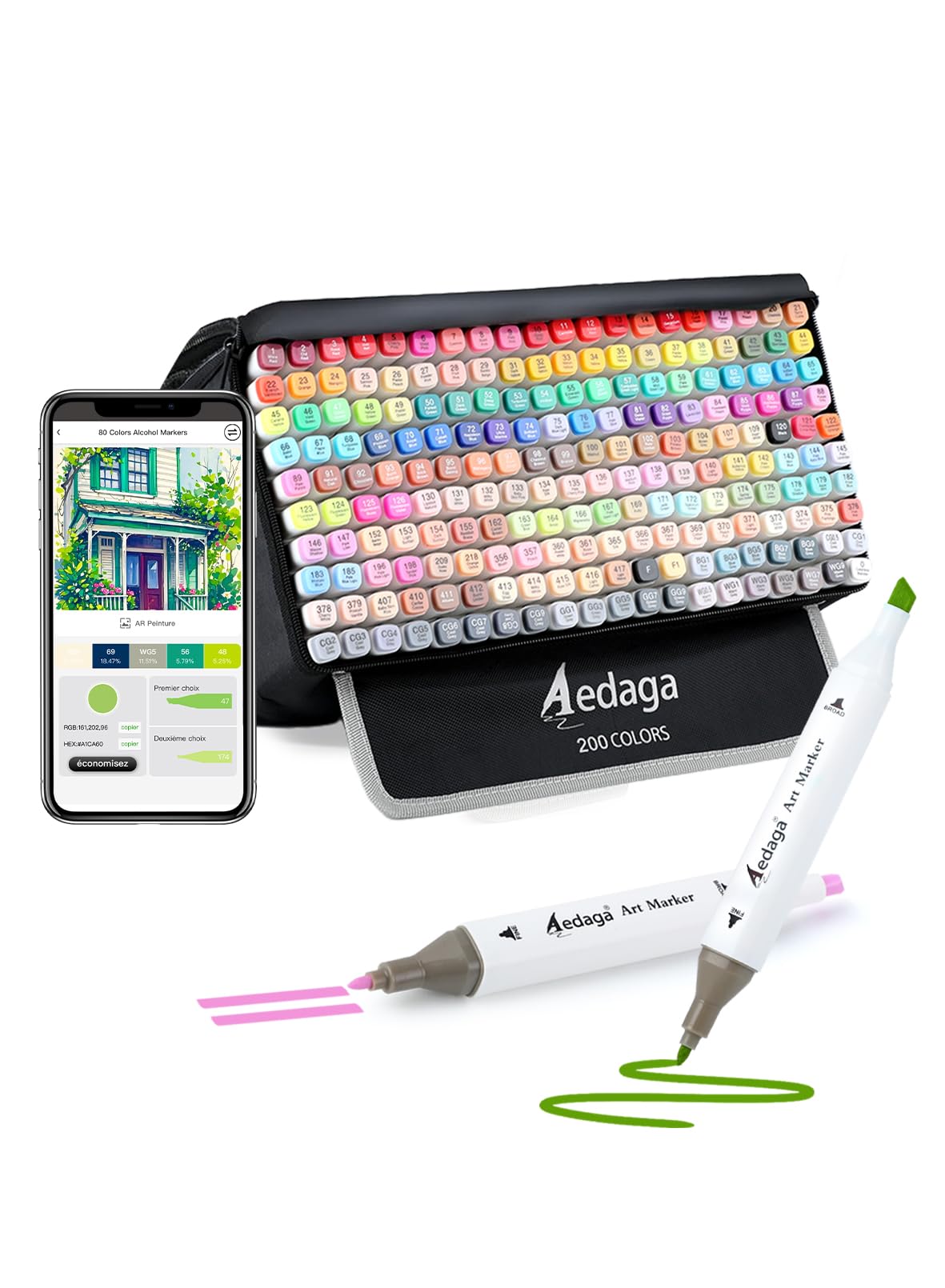 AEDAGA 200 Couleurs Feutre a Alcool avec App Marqueurs Alcool Double Pointe