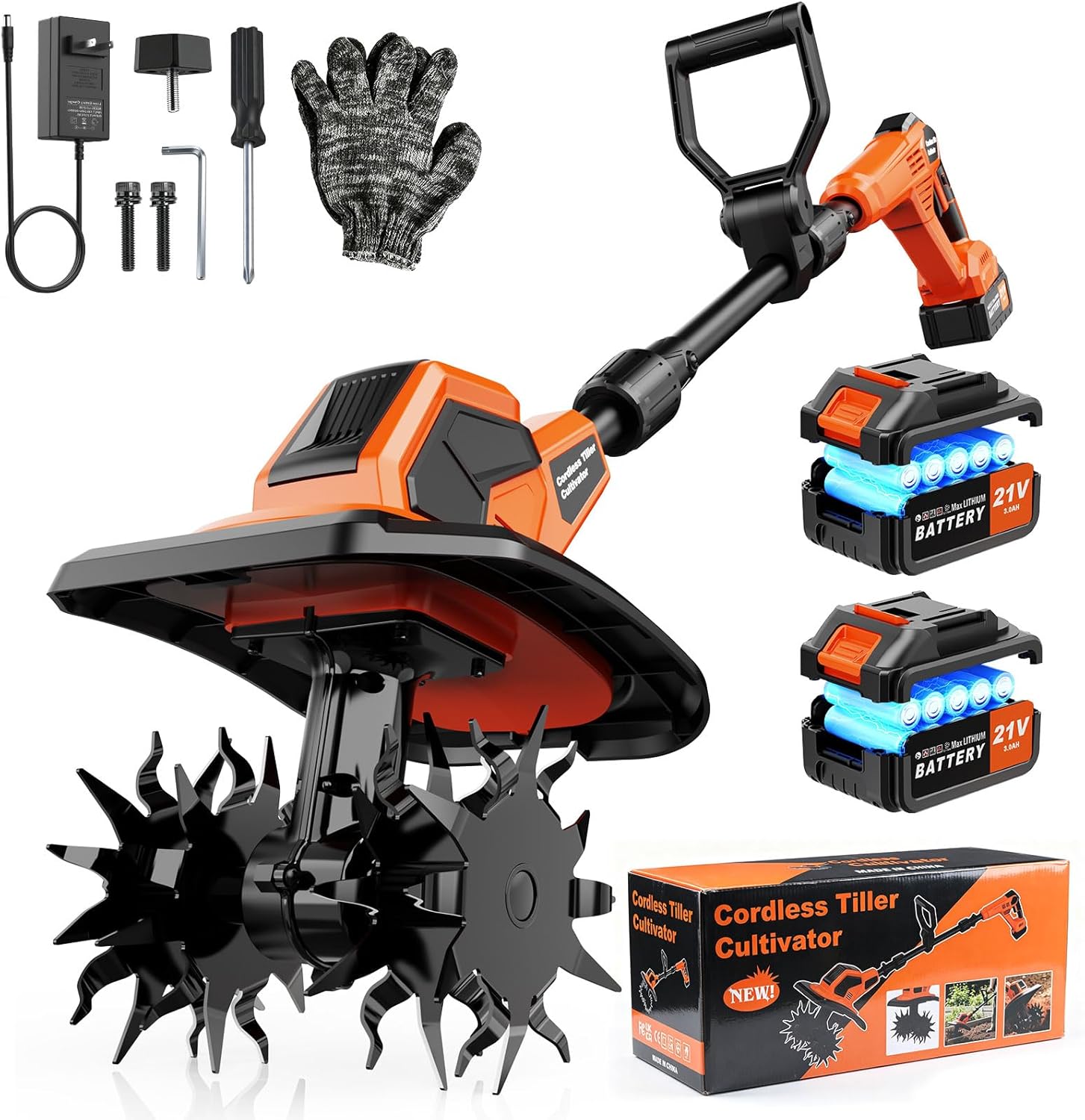 400RPM Brushless Cordlees Tiller Cultivator for Gardening, 20V Electric Garden Tiller Battery Powered((2*3.0Ah Battery&Charger), 9.5"Width 7"Depth, Garden Rototiller for Yard/Lawn/Soil Tiller (Orange)