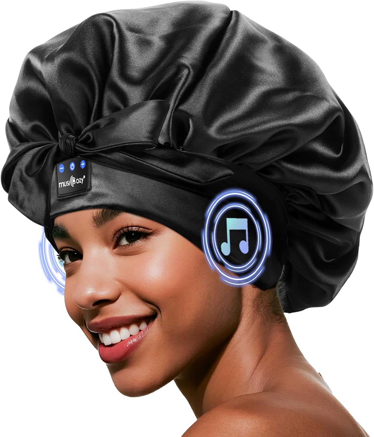 MUSICOZY Bluetooth Sleep Bonnet, Premium Satin Sleep Cap with Wireless Music, Comfortable Hair Protection for Side Sleepers Black