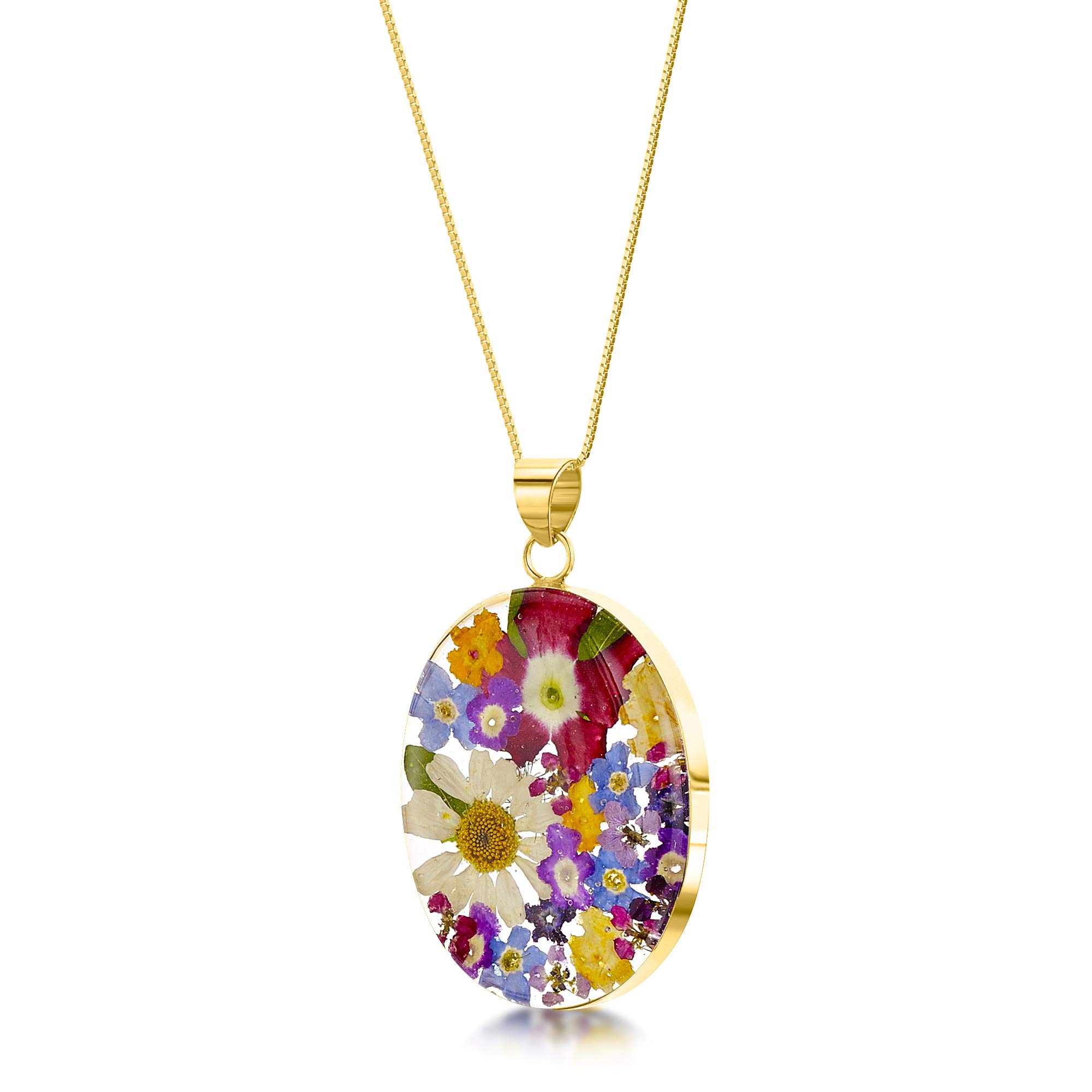 Shrieking Violet® - Collana con ciondolo ovale in argento sterling placcato oro con fiori veri, gioielli floreali
