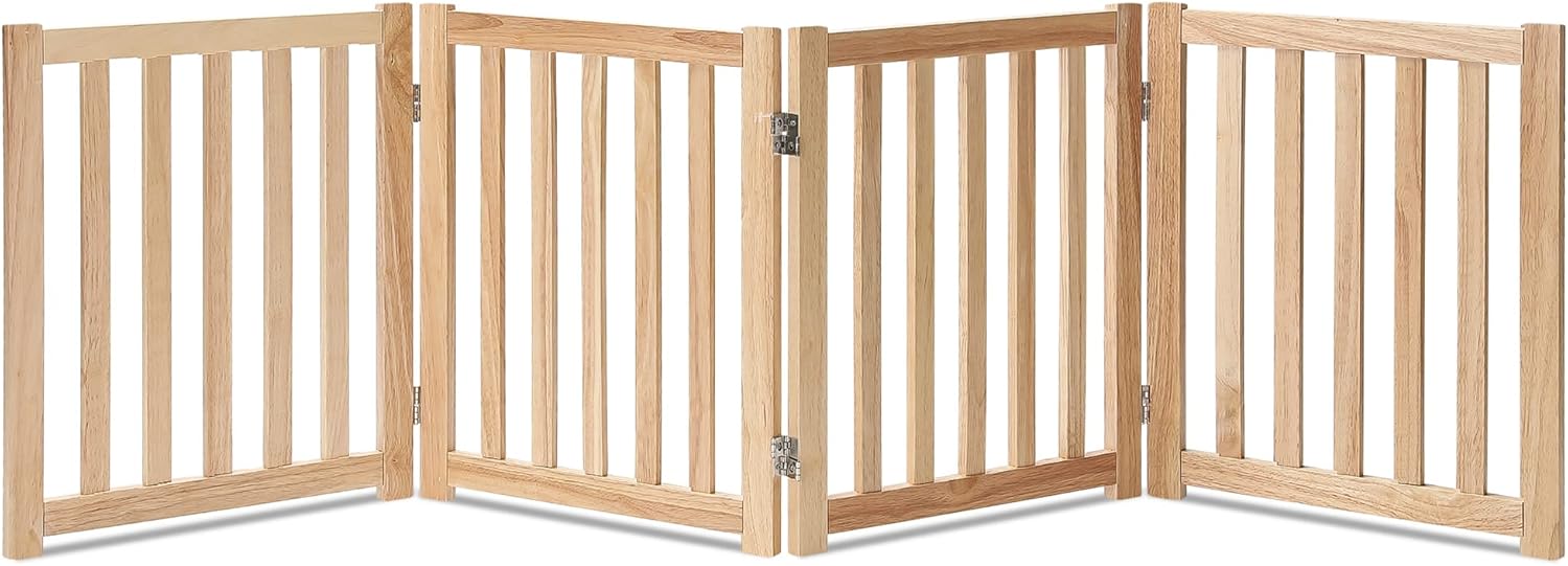 LZRS Solid Hardwood Freestanding Pet Gate,Wooden Dog Gates for Doorways,Nature Wood Dog Gates for The House,Dog Gate for Stairs,Freestanding Indoor Gate Safety Fence,Natural,24" Height-4 Panels 24"Height-4 Panel Natural
