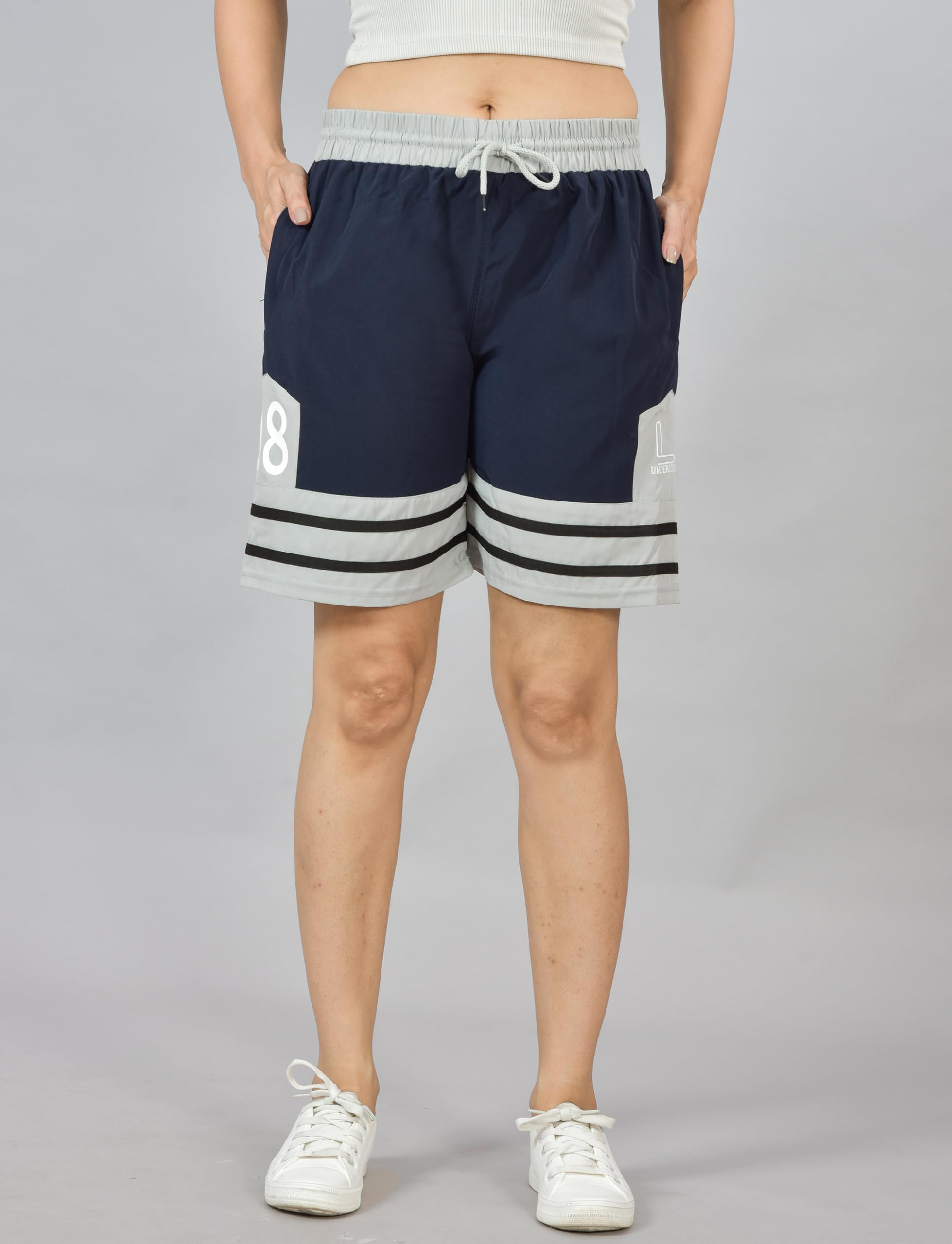 underloop Gril's Basketball Shorts, Navy with Grey Stripes-picture-16