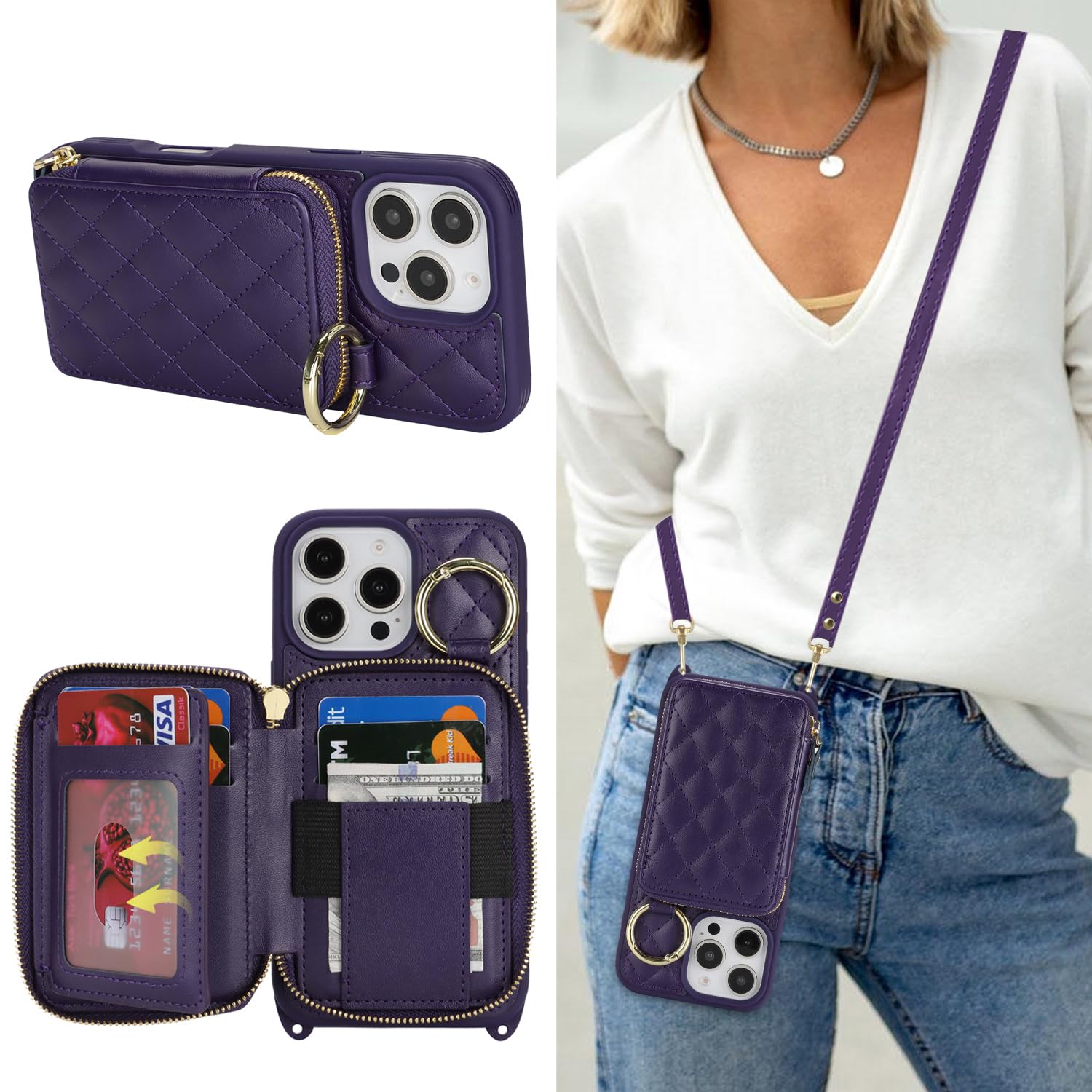 Crossbody Wallet Case for iPhone 16 Pro Max-Purple