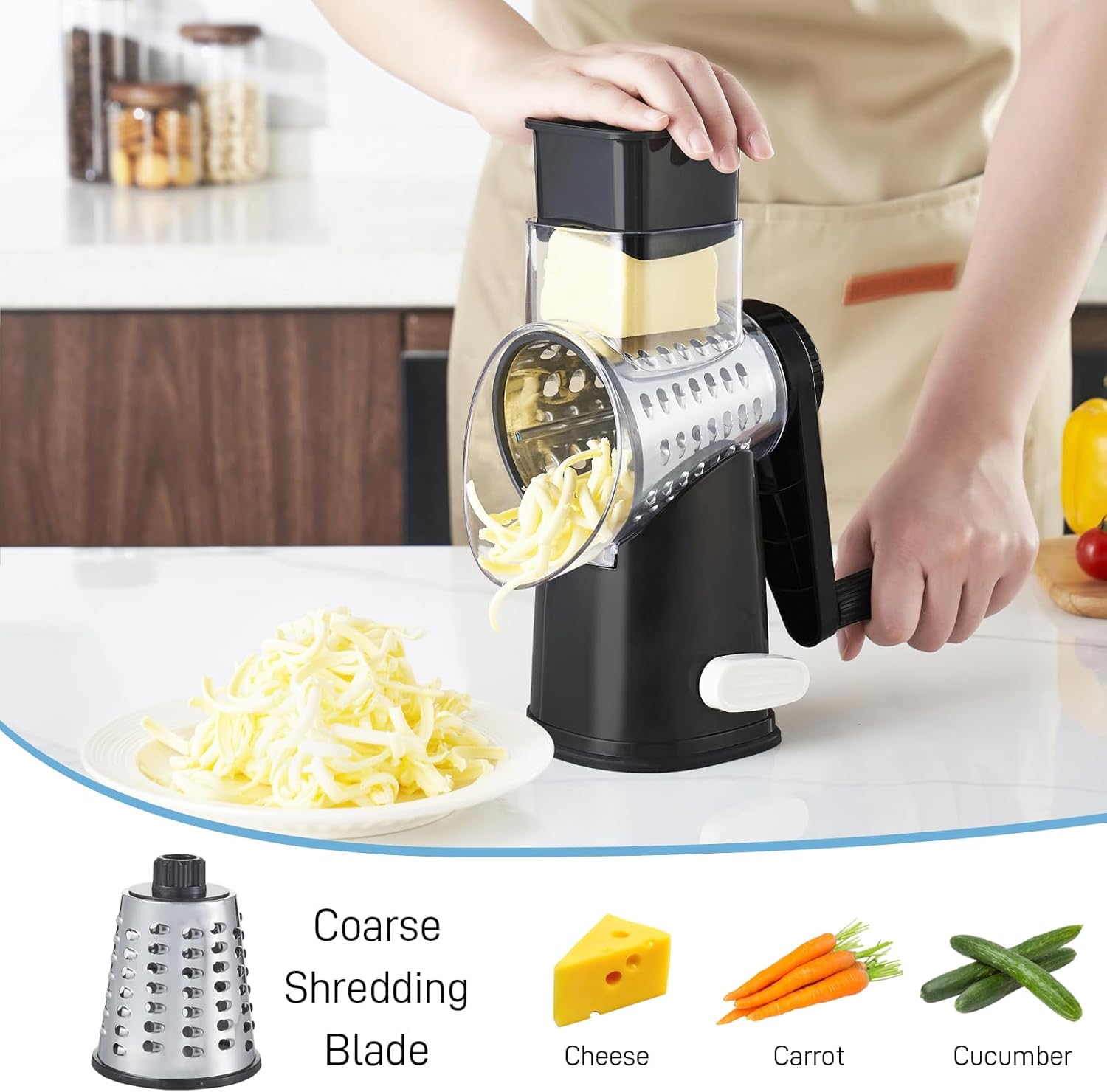 VEKAYA Rotary Cheese Grater Hand Crank with 4 Interchangeable Stainless Steel Blades, Large Manual Handle Shredder and Waffle Slicer for Vegetables, Cheese and Nuts with Table Suction Base (Black)