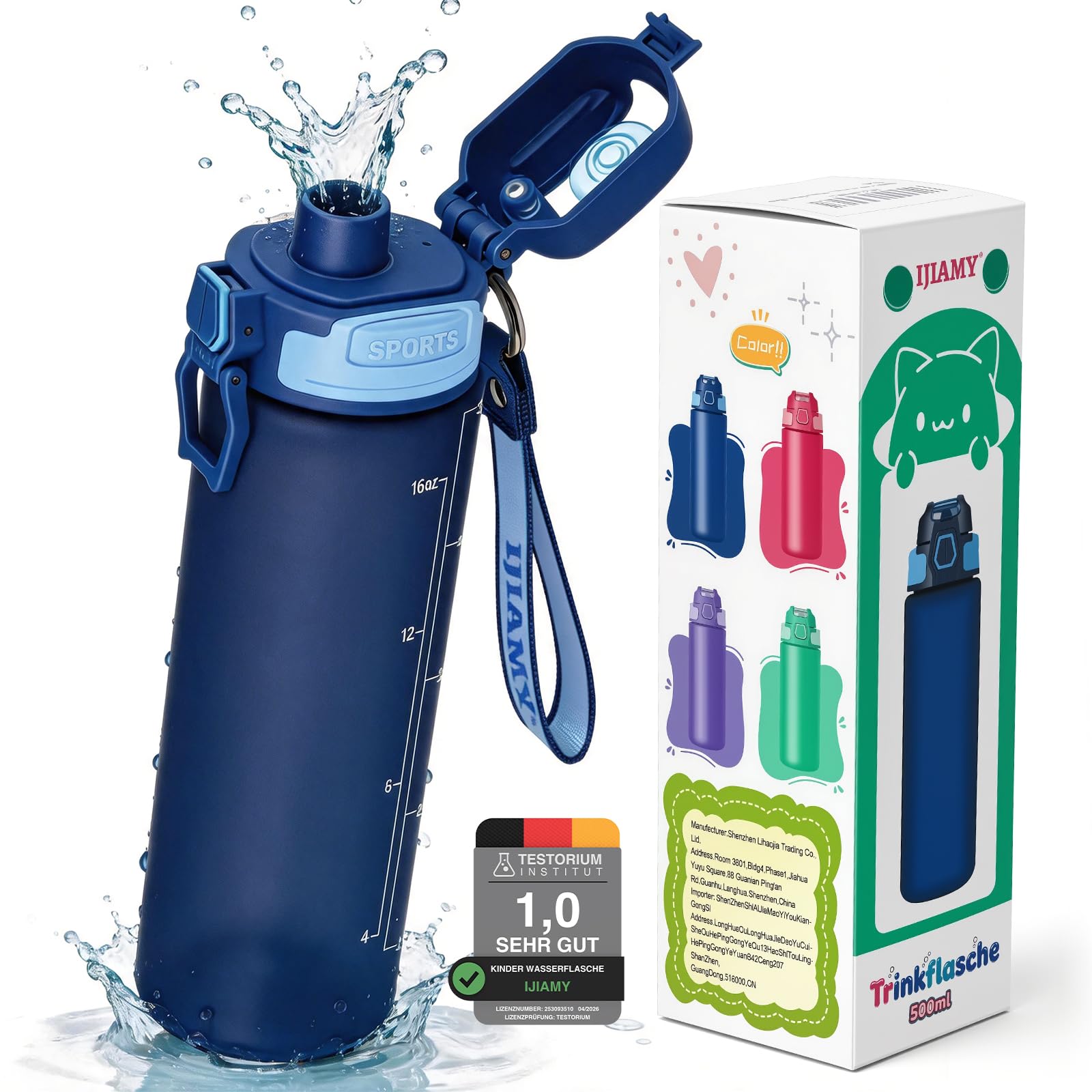 IJIAMY Trinkflasche Kinder Kohlensäure Geeignet 500ml, BPA-Frei, Mit Fruchteinsatz - Trinkflasche Sport 100% Auslaufsicher & Wasserflasche Perfekt für Kindergarten, Schule